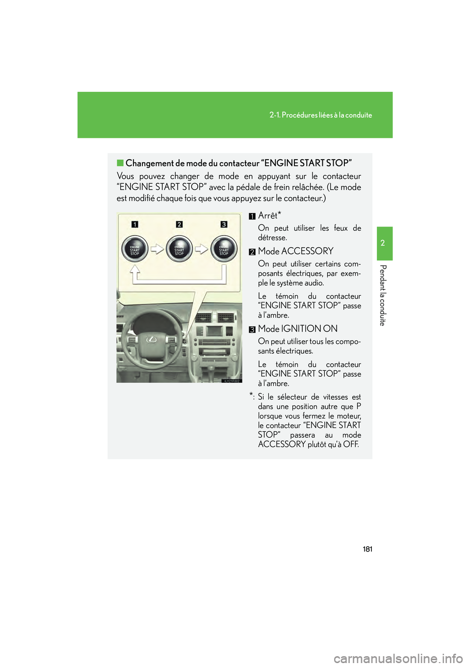 Lexus GX460 2010  Manuel du propriétaire (in French) 181
2-1. Procédures liées à la conduite
2
Pendant la conduite
GX460_D (OM60F29D)
■Changement de mode du contacteur “ENGINE START STOP”
Vous pouvez changer de mode  en appuyant sur le contacte