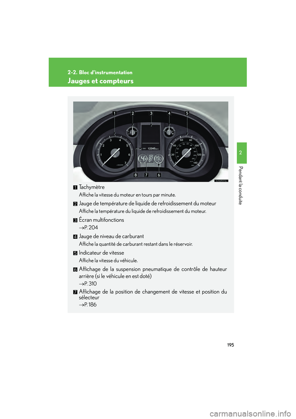 Lexus GX460 2010 Manuel du propriétaire (in French) 195
2
Pendant la conduite
GX460_D (OM60F29D)
2-2. Bloc d’instrumentation
Jauges et compteurs
Tachymètre
Affiche la vitesse du moteur en tours par minute.
Jauge de température de liquide de refroid Lexus GX460 2010 Manuel du propriétaire (in French) 195
2
Pendant la conduite
GX460_D (OM60F29D)
2-2. Bloc d’instrumentation
Jauges et compteurs
Tachymètre
Affiche la vitesse du moteur en tours par minute.
Jauge de température de liquide de refroid