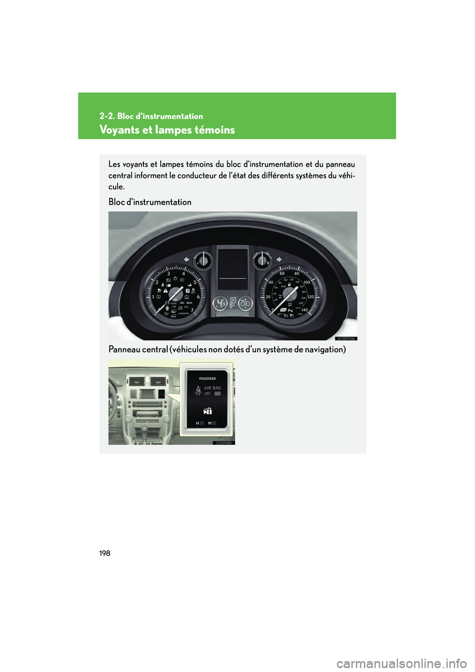 Lexus GX460 2010  Manuel du propriétaire (in French) 198
2-2. Bloc d’instrumentation
GX460_D (OM60F29D)
Voyants et lampes témoins
Les voyants et lampes témoins du bloc d’instrumentation et du panneau
central informent le conducteur de l’état de