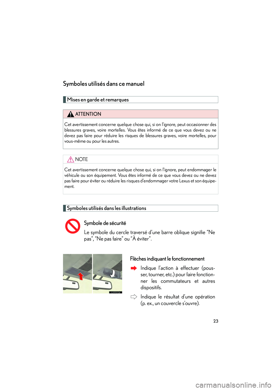 Lexus GX460 2010  Manuel du propriétaire (in French) 23
GX460_D (OM60F29D)
Symboles utilisés dans ce manuel
Mises en garde et remarques 
Symboles utilisés dans les illustrations
ATTENTION
Cet avertissement concerne quelque chose qui, si on l’ignore,