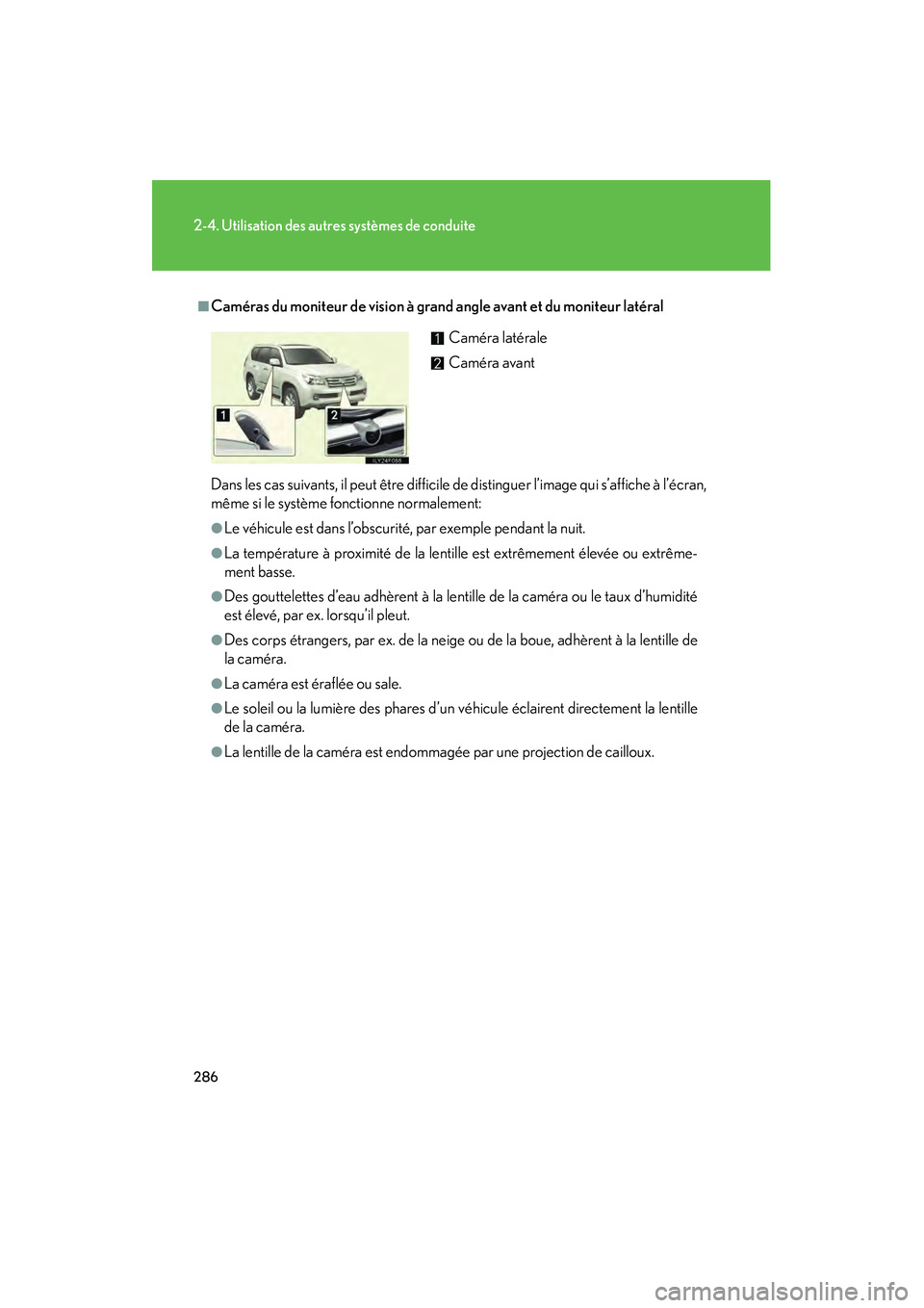 Lexus GX460 2010 Manuel du propriétaire (in French) 286
2-4. Utilisation des autres systèmes de conduite
GX460_D (OM60F29D)
■Caméras du moniteur de vision à grand angle avant et du moniteur latéral
Dans les cas suivants, il peut être difficile d Lexus GX460 2010 Manuel du propriétaire (in French) 286
2-4. Utilisation des autres systèmes de conduite
GX460_D (OM60F29D)
■Caméras du moniteur de vision à grand angle avant et du moniteur latéral
Dans les cas suivants, il peut être difficile d