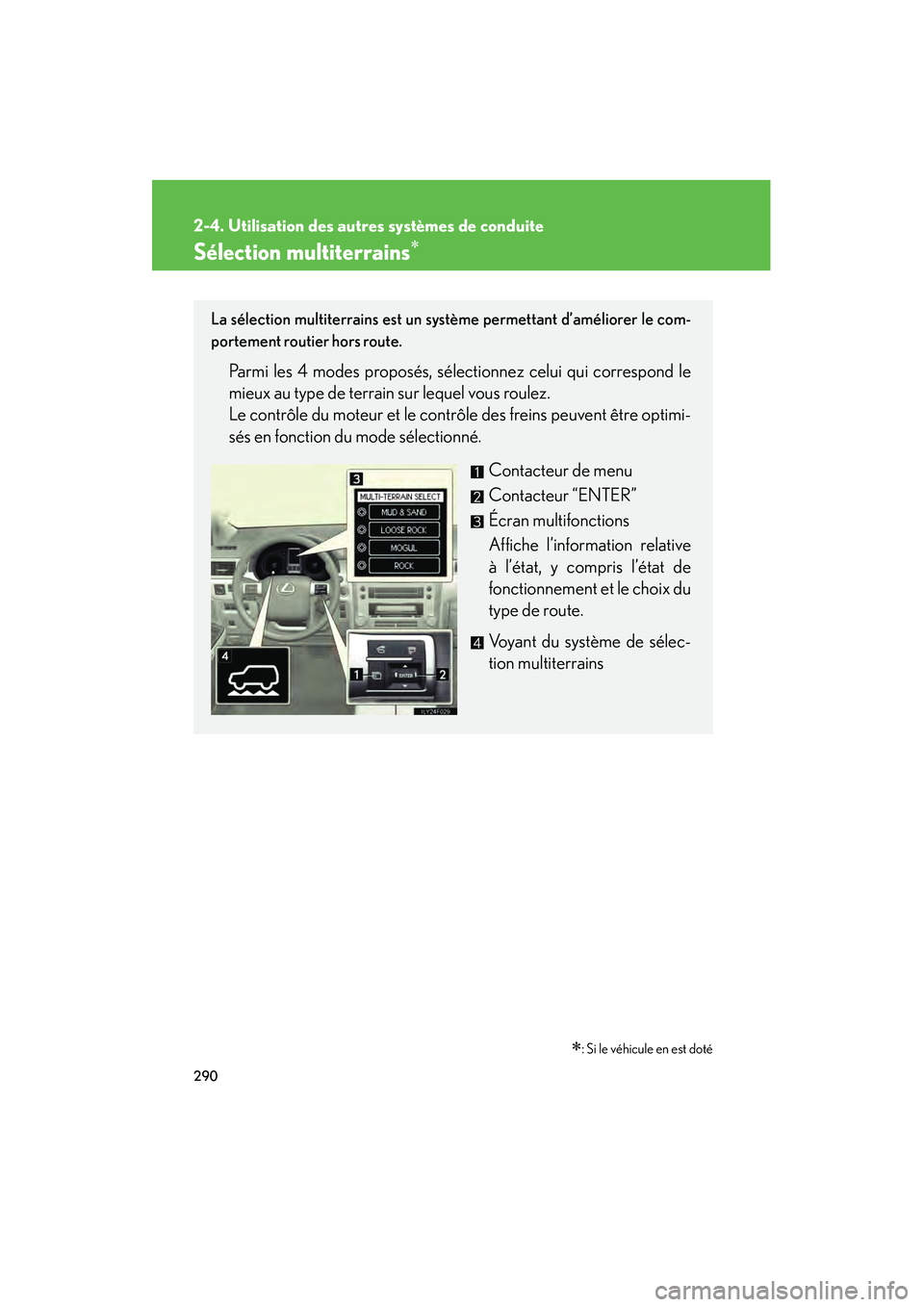 Lexus GX460 2010 Manuel du propriétaire (in French) 290
2-4. Utilisation des autres systèmes de conduite
GX460_D (OM60F29D)
Sélection multiterrains∗
∗: Si le véhicule en est doté
La sélection multiterrains est un système permettant d’améli Lexus GX460 2010 Manuel du propriétaire (in French) 290
2-4. Utilisation des autres systèmes de conduite
GX460_D (OM60F29D)
Sélection multiterrains∗
∗: Si le véhicule en est doté
La sélection multiterrains est un système permettant d’améli
