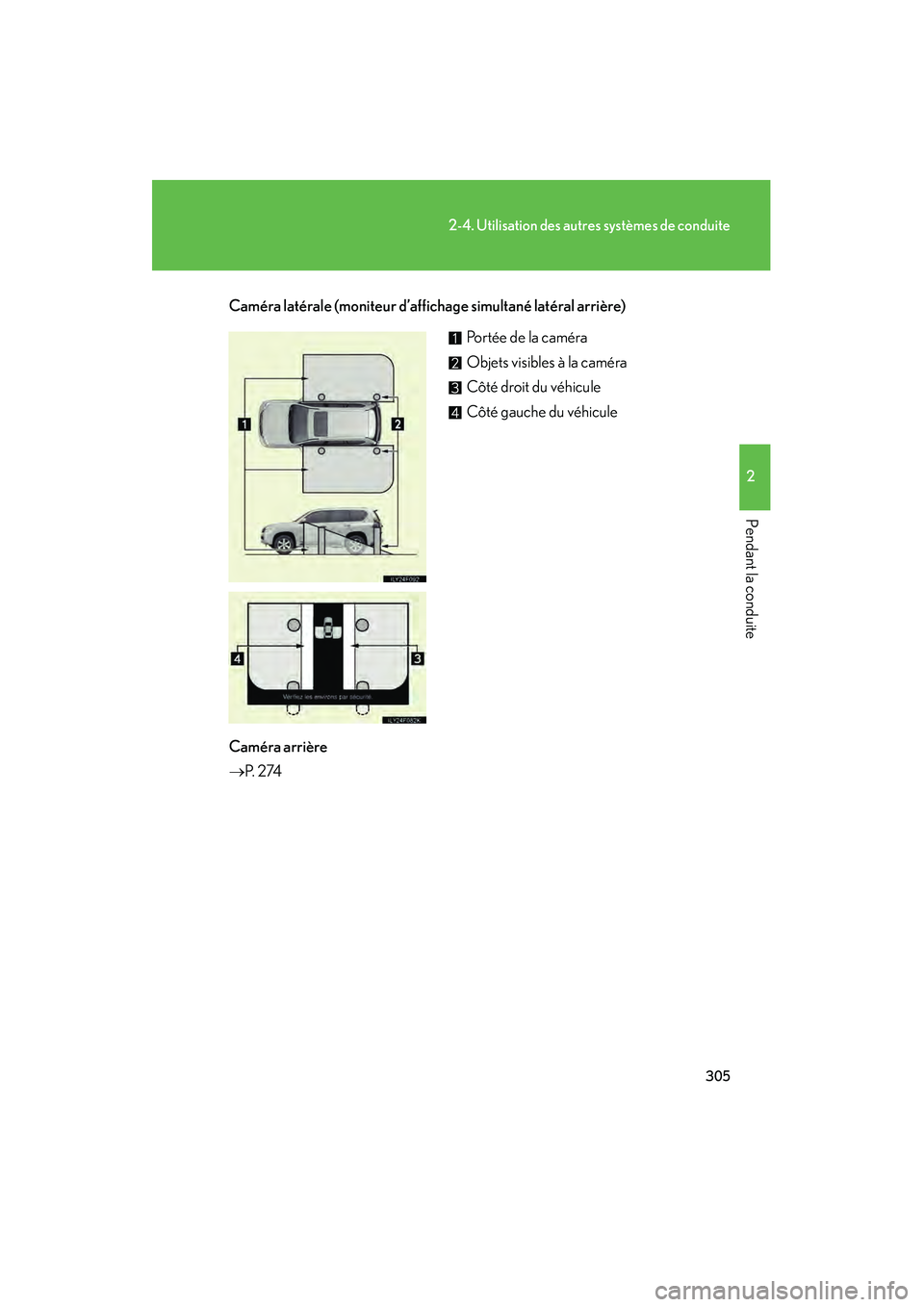 Lexus GX460 2010 Manuel du propriétaire (in French) 305
2-4. Utilisation des autres systèmes de conduite
2
Pendant la conduite
GX460_D (OM60F29D)
Caméra latérale (moniteur d’affichage simultané latéral arrière)
Caméra arrière
→ P. 2 74 Po Lexus GX460 2010 Manuel du propriétaire (in French) 305
2-4. Utilisation des autres systèmes de conduite
2
Pendant la conduite
GX460_D (OM60F29D)
Caméra latérale (moniteur d’affichage simultané latéral arrière)
Caméra arrière
→ P. 2 74 Po