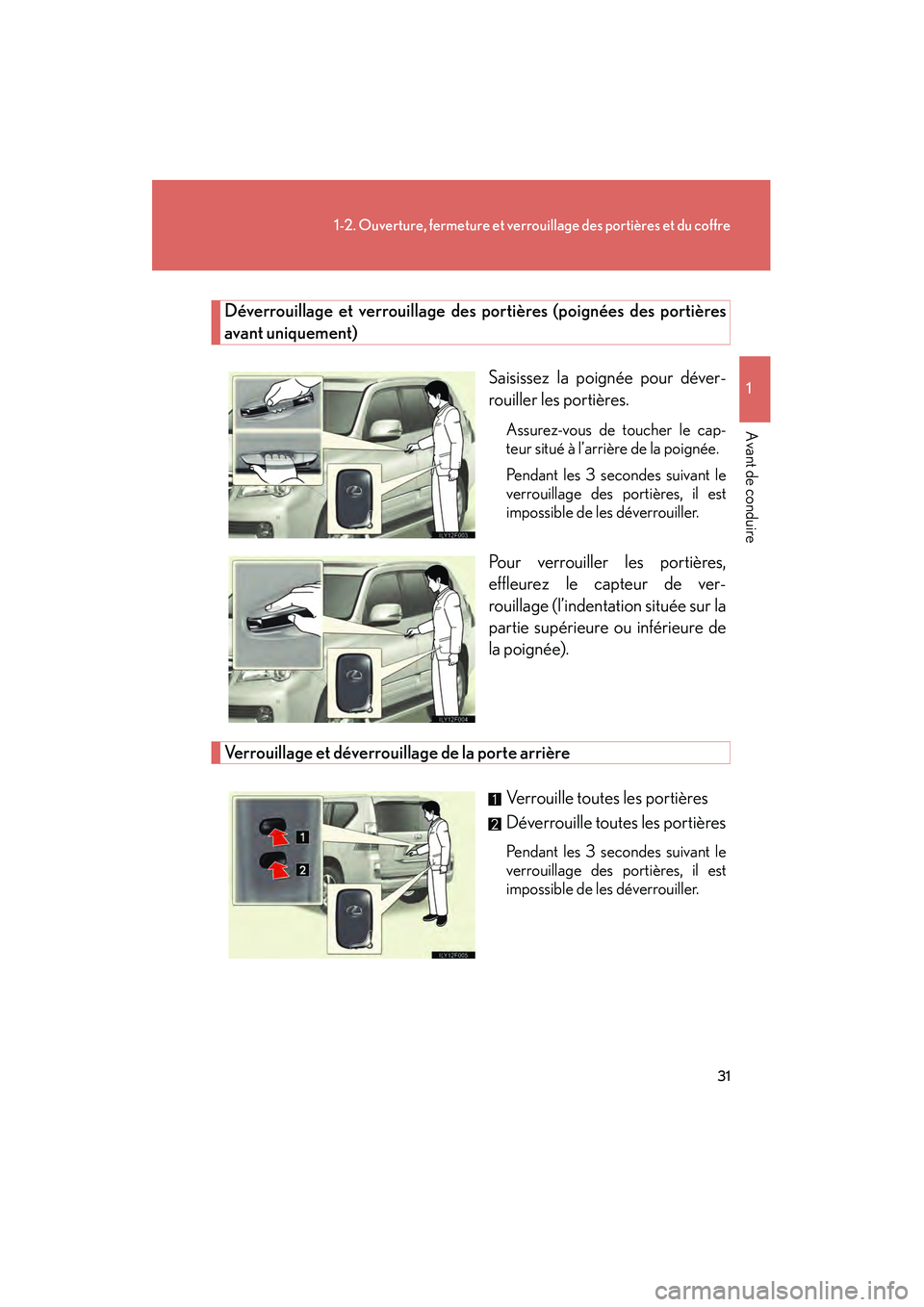 Lexus GX460 2010  Manuel du propriétaire (in French) 31
1-2. Ouverture, fermeture et verrouillage des portières et du coffre
1
Avant de conduire
GX460_D (OM60F29D)
Déverrouillage et verrouillage des portières (poignées des portières
avant uniquemen
