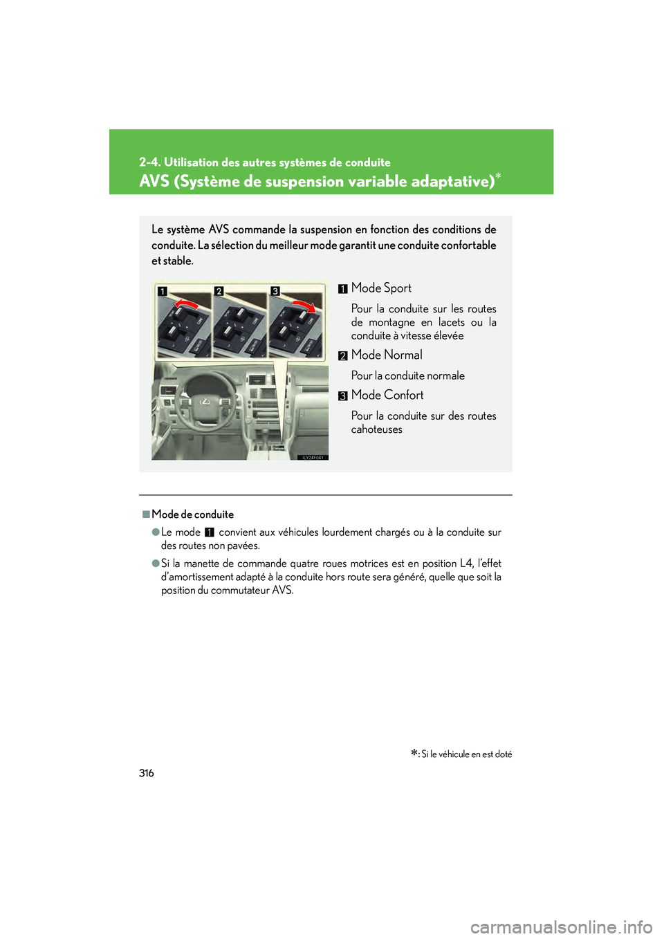 Lexus GX460 2010  Manuel du propriétaire (in French) 316
2-4. Utilisation des autres systèmes de conduite
GX460_D (OM60F29D)
AVS (Système de suspension variable adaptative)∗
∗: Si le véhicule en est doté
■Mode de conduite
●Le mode   convient