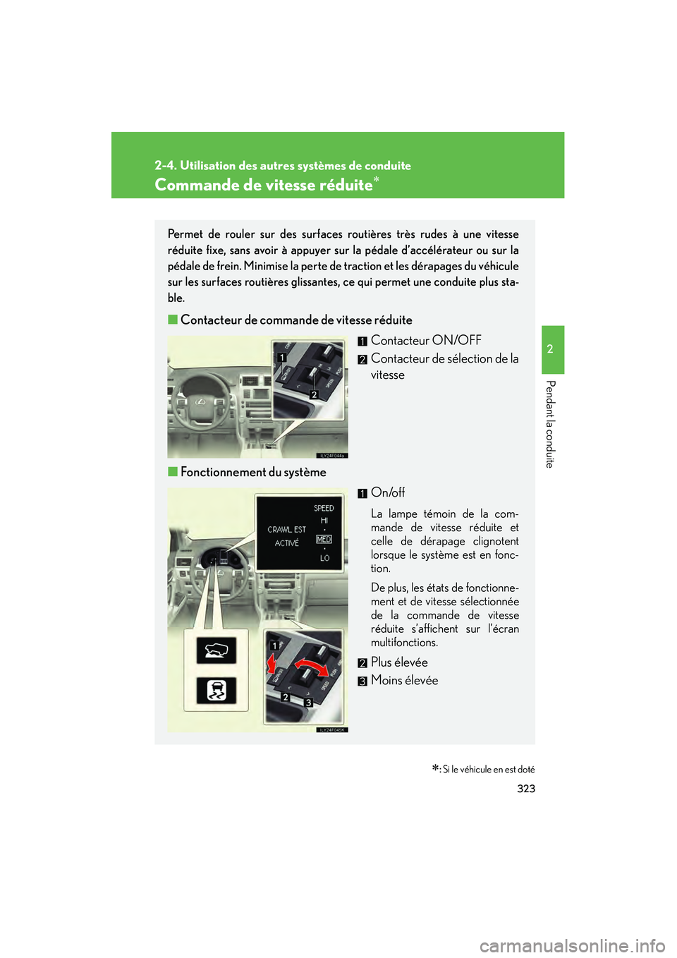 Lexus GX460 2010 Manuel du propriétaire (in French) 323
2-4. Utilisation des autres systèmes de conduite
2
Pendant la conduite
GX460_D (OM60F29D)
Commande de vitesse réduite∗
∗: Si le véhicule en est doté
Permet de rouler sur des surfaces routi Lexus GX460 2010 Manuel du propriétaire (in French) 323
2-4. Utilisation des autres systèmes de conduite
2
Pendant la conduite
GX460_D (OM60F29D)
Commande de vitesse réduite∗
∗: Si le véhicule en est doté
Permet de rouler sur des surfaces routi
