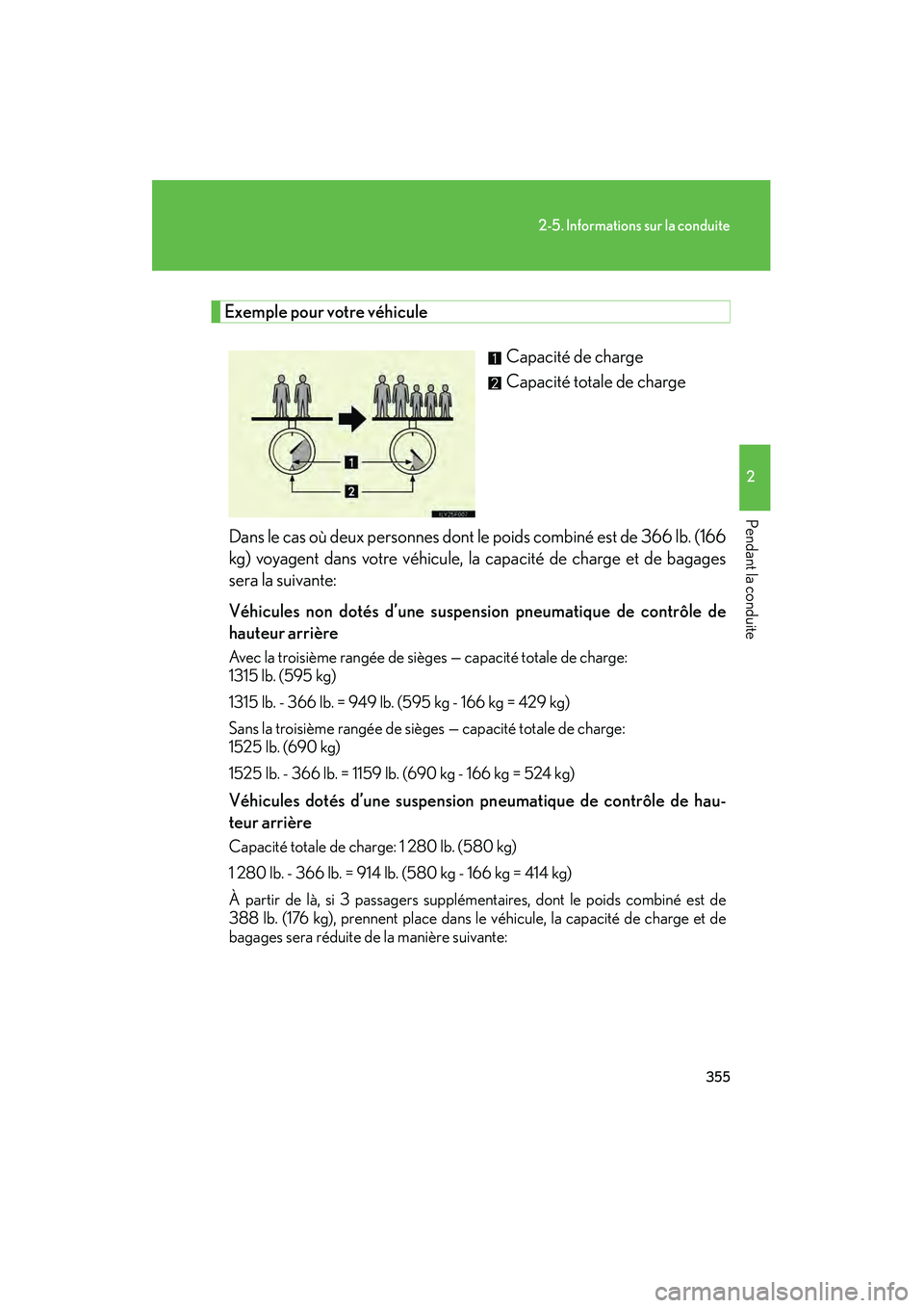 Lexus GX460 2010  Manuel du propriétaire (in French) 355
2-5. Informations sur la conduite
2
Pendant la conduite
GX460_D (OM60F29D)
Exemple pour votre véhiculeCapacité de charge
Capacité totale de charge
Dans le cas où deux personnes dont  le poids 