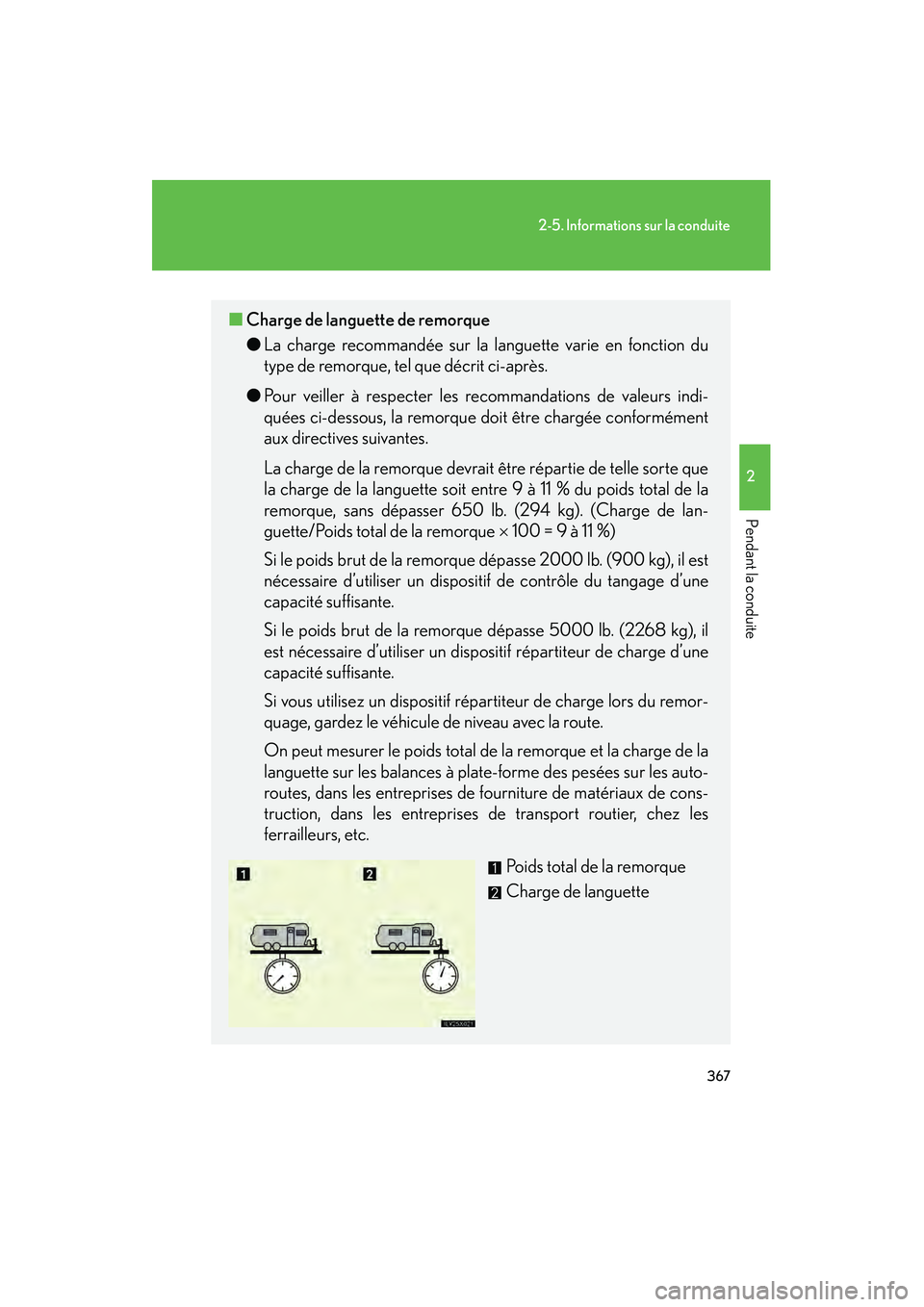 Lexus GX460 2010 Manuel du propriétaire (in French) 367
2-5. Informations sur la conduite
2
Pendant la conduite
GX460_D (OM60F29D)
■Charge de languette de remorque
●La charge recommandée sur la la nguette varie en fonction du
type de remorque, tel Lexus GX460 2010 Manuel du propriétaire (in French) 367
2-5. Informations sur la conduite
2
Pendant la conduite
GX460_D (OM60F29D)
■Charge de languette de remorque
●La charge recommandée sur la la nguette varie en fonction du
type de remorque, tel