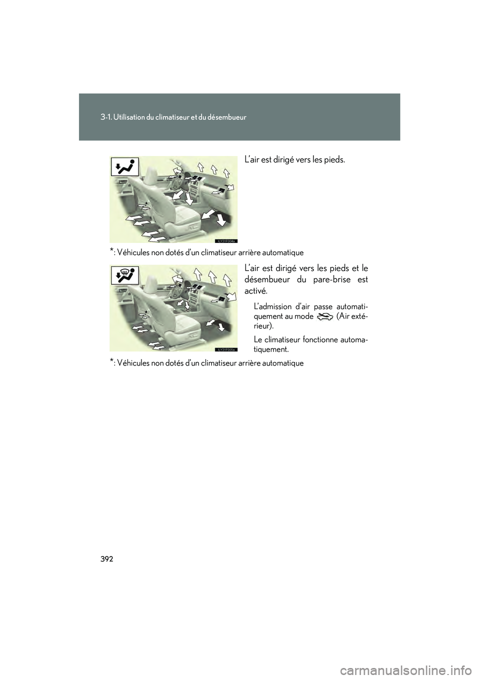 Lexus GX460 2010  Manuel du propriétaire (in French) 392
3-1. Utilisation du climatiseur et du désembueur
GX460_D (OM60F29D)L’air est dirigé vers les pieds.
*: Véhicules non dotés d’un climatiseur arrière automatique
L’air est dirigé ve
rs l
