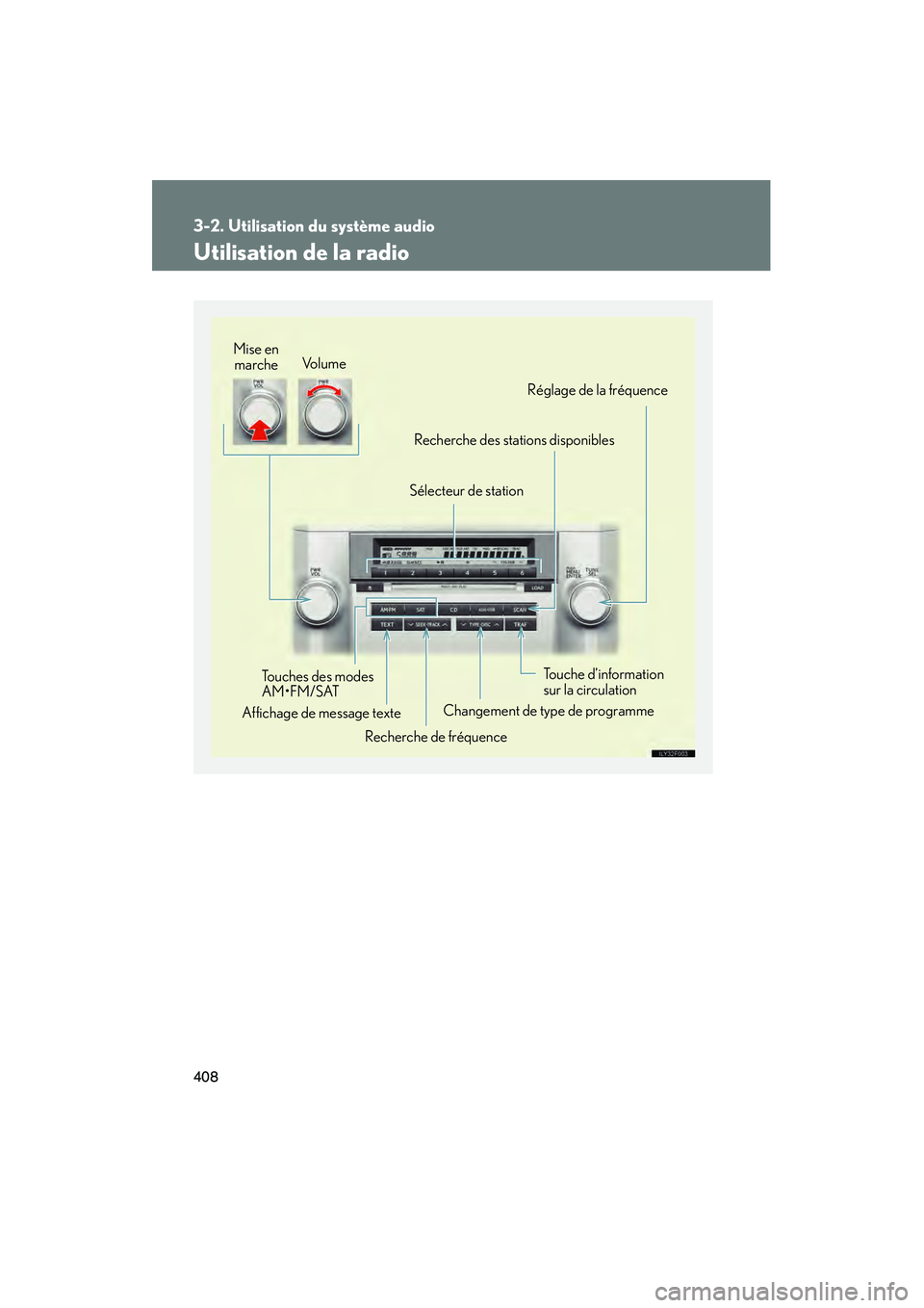 Lexus GX460 2010 Manuel du propriétaire (in French) 408
3-2. Utilisation du système audio
GX460_D (OM60F29D)
Utilisation de la radio
Touche d’information
sur la circulation
Sélecteur de station
Changement de type de programme
Recherche de fréquen Lexus GX460 2010 Manuel du propriétaire (in French) 408
3-2. Utilisation du système audio
GX460_D (OM60F29D)
Utilisation de la radio
Touche d’information
sur la circulation
Sélecteur de station
Changement de type de programme
Recherche de fréquen