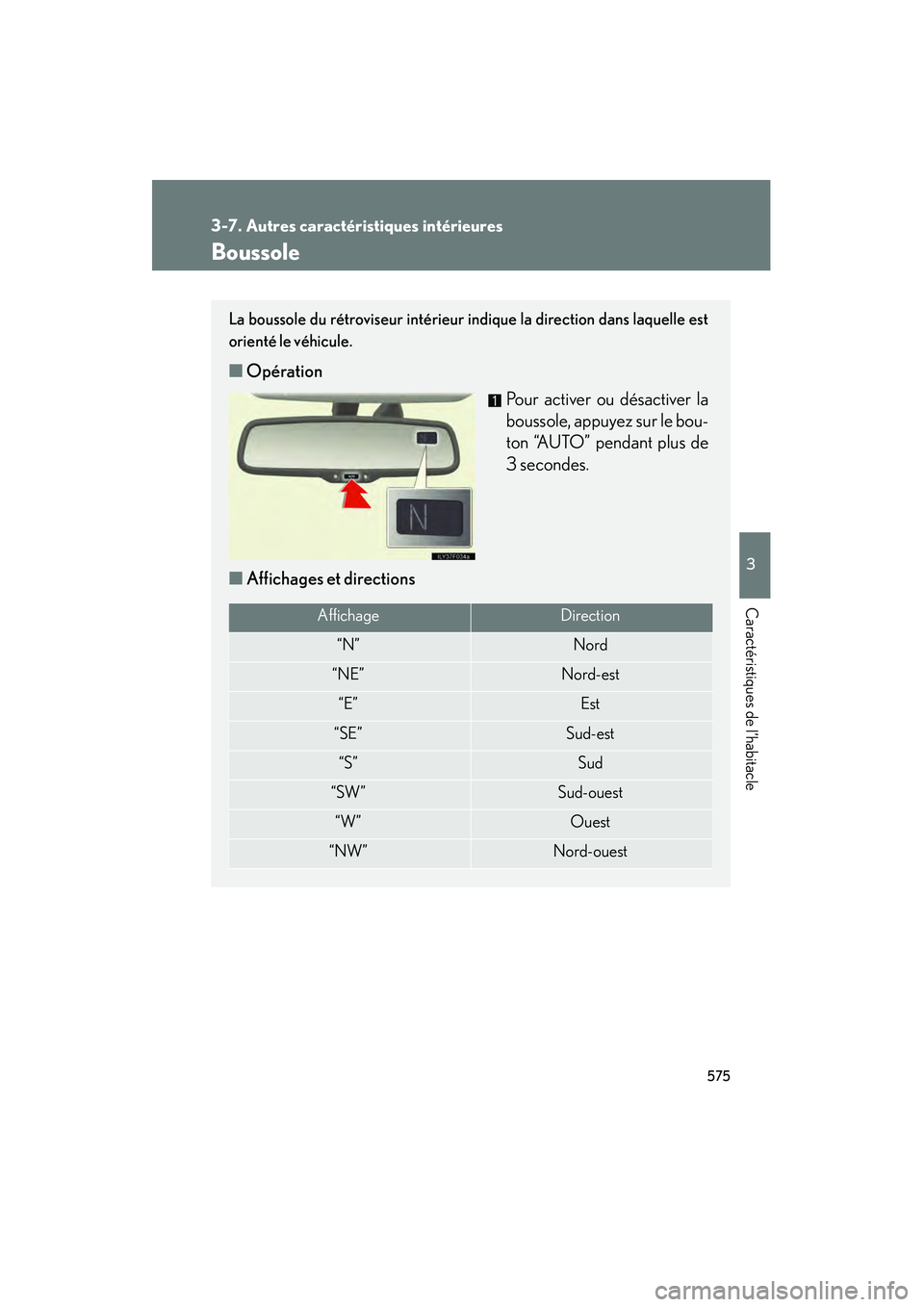 Lexus GX460 2010 Manuel du propriétaire (in French) 575
3-7. Autres caractéristiques intérieures
3
Caractéristiques de l’habitacle
GX460_D (OM60F29D)
Boussole
La boussole du rétroviseur intérieur indique la direction dans laquelle est
orienté l Lexus GX460 2010 Manuel du propriétaire (in French) 575
3-7. Autres caractéristiques intérieures
3
Caractéristiques de l’habitacle
GX460_D (OM60F29D)
Boussole
La boussole du rétroviseur intérieur indique la direction dans laquelle est
orienté l