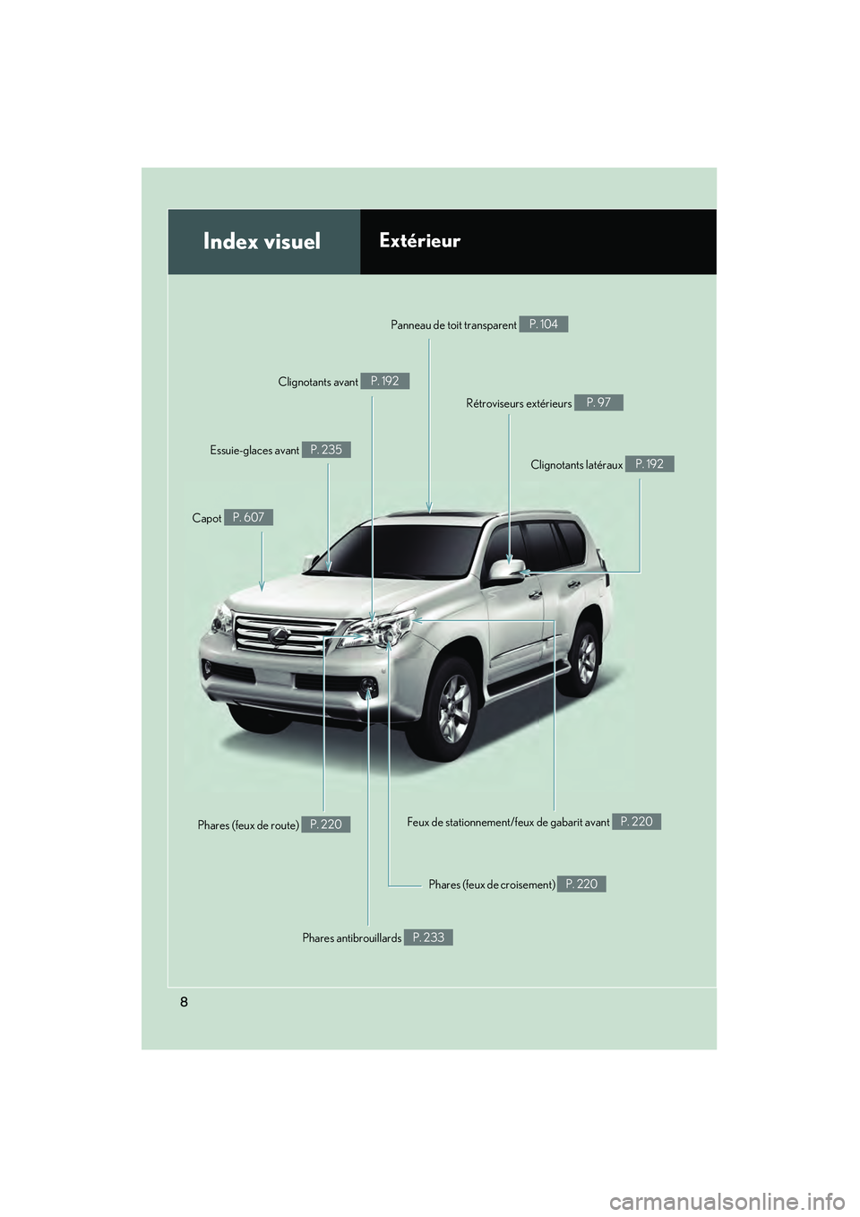 Lexus GX460 2010  Manuel du propriétaire (in French) 8
GX460_D (OM60F29D)
Phares (feux de route) P. 220
Index visuelExtérieur
Phares antibrouillards P. 233
Feux de stationnement/feux de gabarit avant 
P. 220
Phares (feux de croisement) 
P. 220
Capot 
P