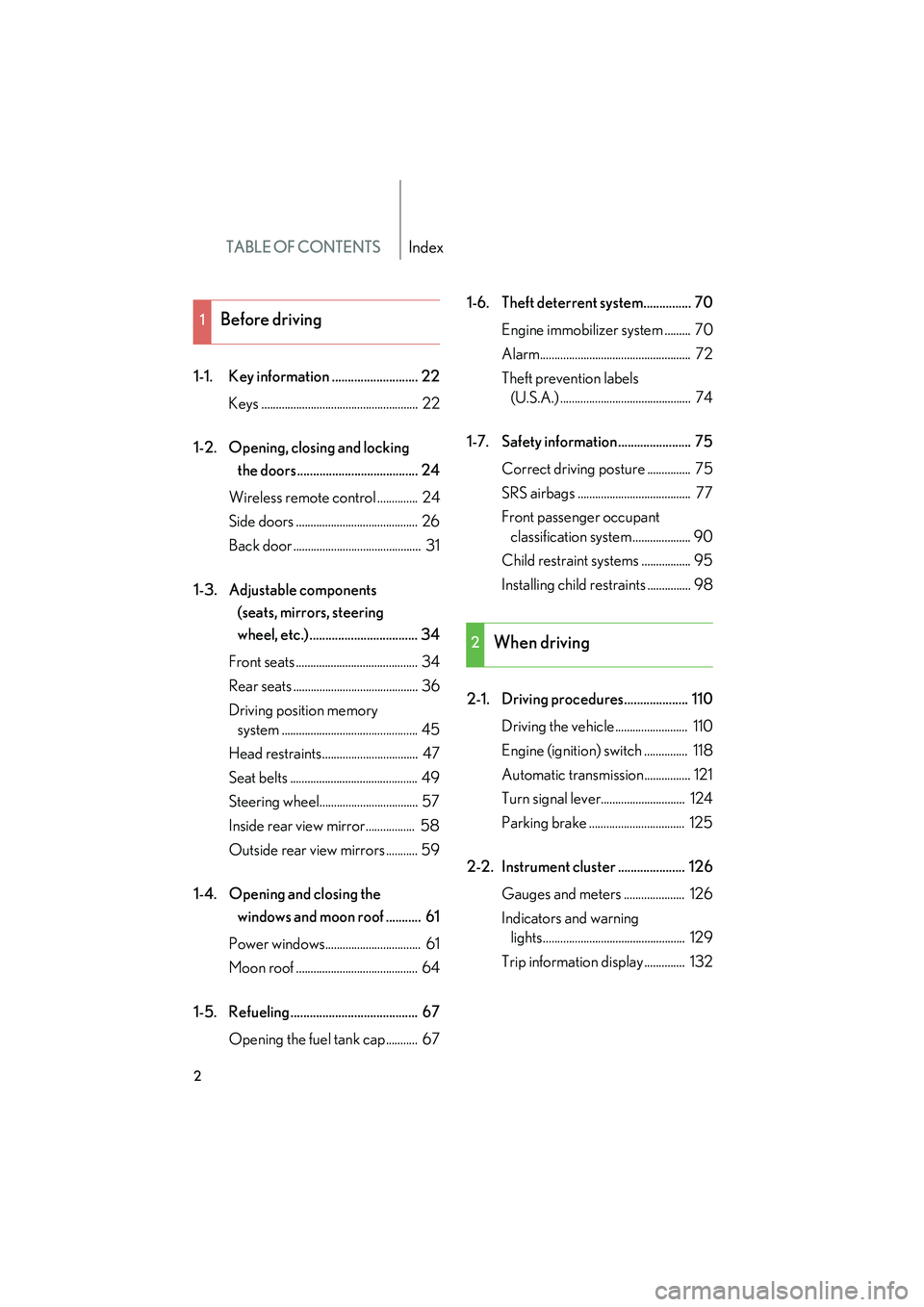 Lexus GX470 2008  Owners Manual TABLE OF CONTENTSIndex
2
1-1. Key information ........................... 22Keys ......................................................  22
1-2. Opening, closing and locking  the doors................