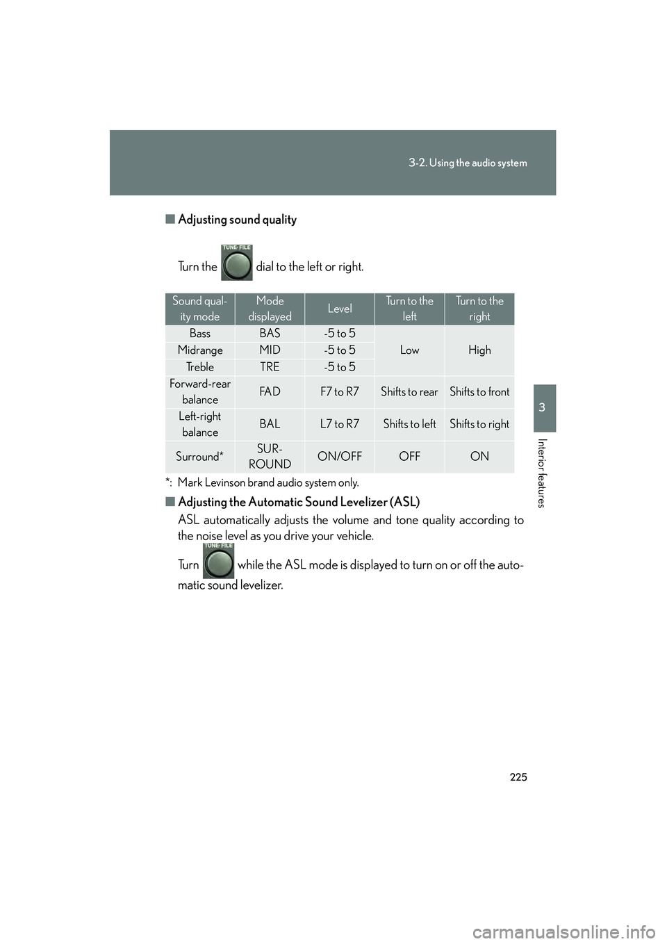 Lexus GX470 2008 Owners Manual 225
3-2. Using the audio system
3
Interior features
■Adjusting sound quality
Turn the dial to the left or right.
*: Mark Levinson brand audio system only.
■Adjusting the Automatic Sound Leveliz Lexus GX470 2008 Owners Manual 225
3-2. Using the audio system
3
Interior features
■Adjusting sound quality
Turn the dial to the left or right.
*: Mark Levinson brand audio system only.
■Adjusting the Automatic Sound Leveliz