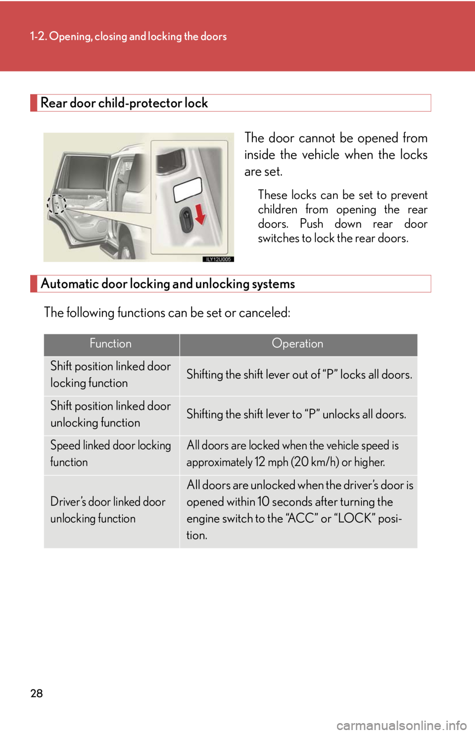 Lexus GX470 2008  Audio/Video System / LEXUS 2008 GX470 OWNERS MANUAL (OM60D82U) 28
1-2. Opening, closing and locking the doors
Rear door child-protector lockThe door cannot be opened from
inside the vehicle when the locks
are set.
These locks can be set to prevent
children from o