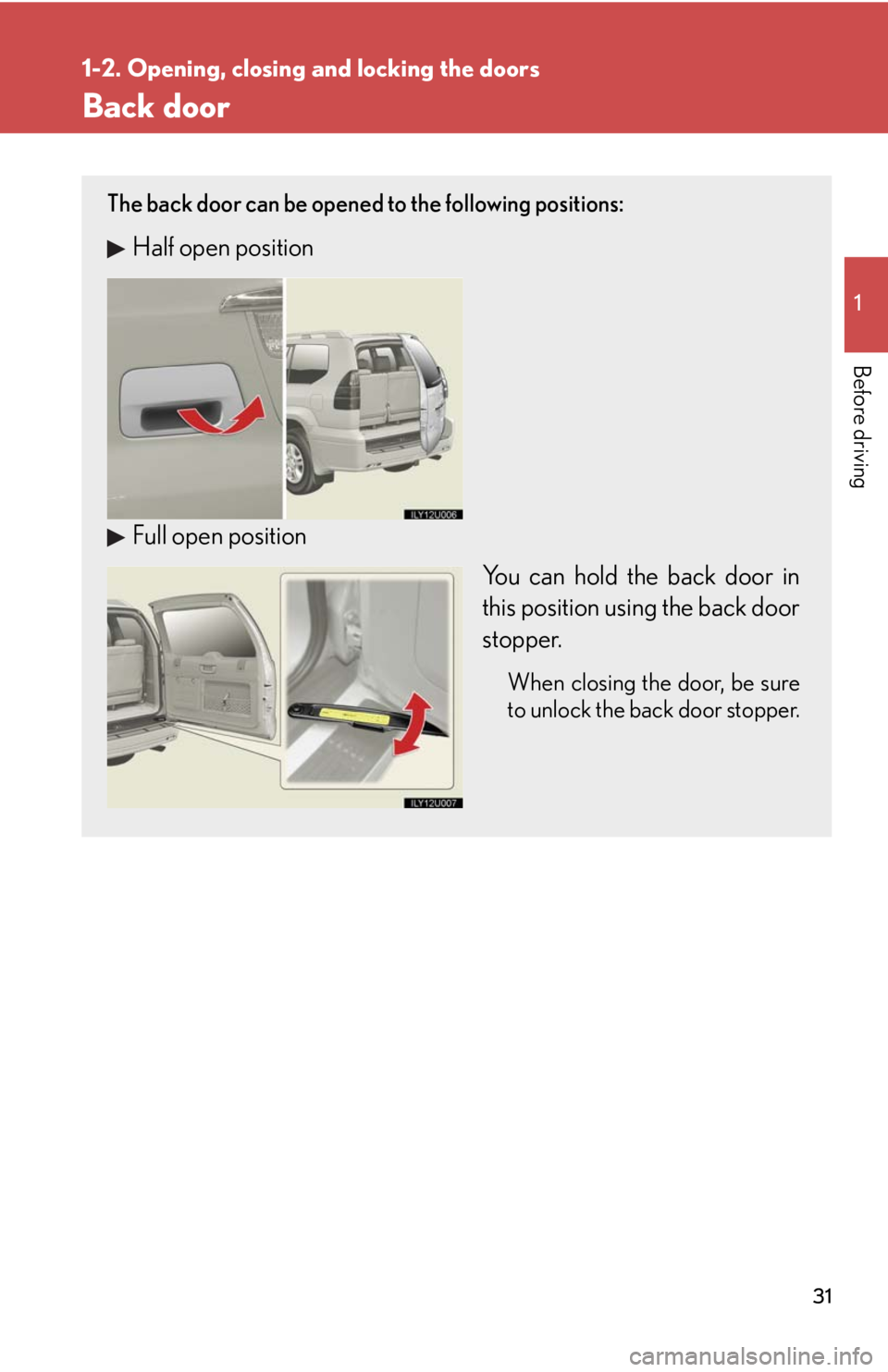 Lexus GX470 2008  Audio/Video System / LEXUS 2008 GX470  (OM60D82U) Owners Guide 31
1
1-2. Opening, closing and locking the doors
Before driving
Back door
The back door can be opened  to the following positions:
Half open position
Full open position
You can hold the back door in
t