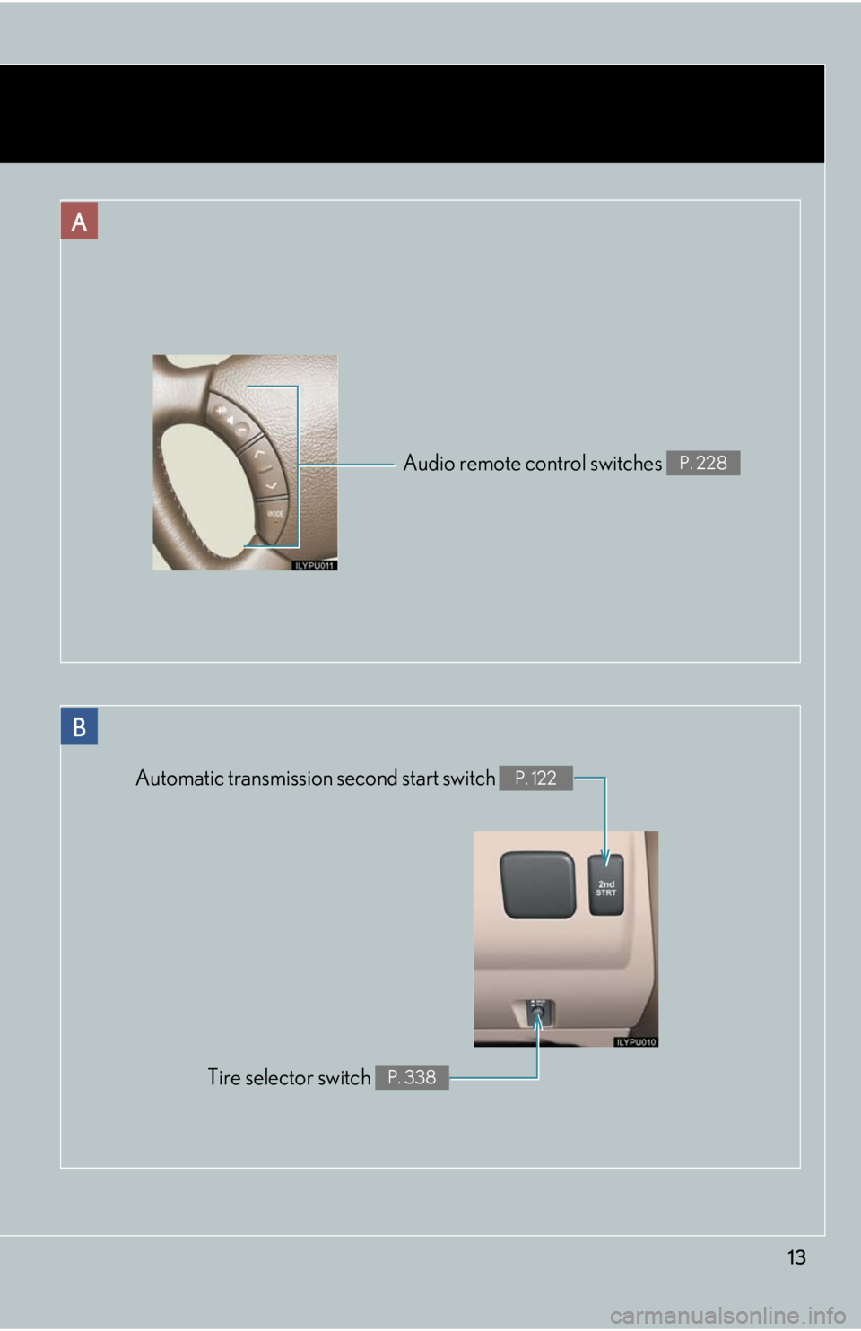 Lexus GX470 2008  Do-it-yourself maintenance / LEXUS 2008 GX470  (OM60D82U) User Guide 13
A
B
Audio remote control switches P. 228
Automatic transmission second start switch P. 122
Tire selector switch P. 338 
