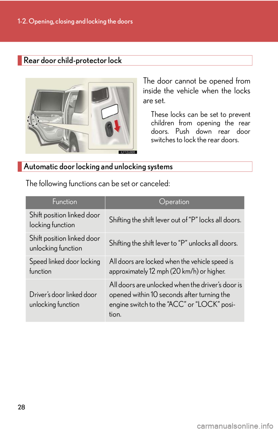 Lexus GX470 2008 Do-it-yourself maintenance / LEXUS 2008 GX470 OWNERS MANUAL (OM60D82U) 28
1-2. Opening, closing and locking the doors
Rear door child-protector lockThe door cannot be opened from
inside the vehicle when the locks
are set.
These locks can be set to prevent
children from o Lexus GX470 2008 Do-it-yourself maintenance / LEXUS 2008 GX470 OWNERS MANUAL (OM60D82U) 28
1-2. Opening, closing and locking the doors
Rear door child-protector lockThe door cannot be opened from
inside the vehicle when the locks
are set.
These locks can be set to prevent
children from o