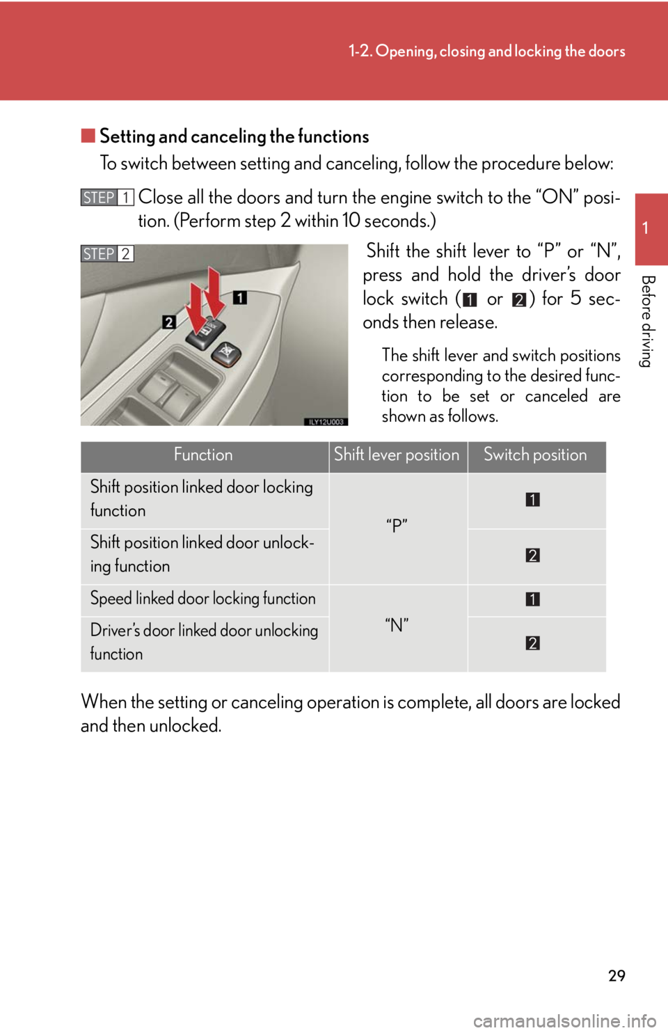 Lexus GX470 2008  Do-it-yourself maintenance / LEXUS 2008 GX470 OWNERS MANUAL (OM60D82U) 29
1-2. Opening, closing and locking the doors
1
Before driving
■Setting and canceling the functions
To switch between setting and canceling, follow the procedure below:
Close all the doors and turn