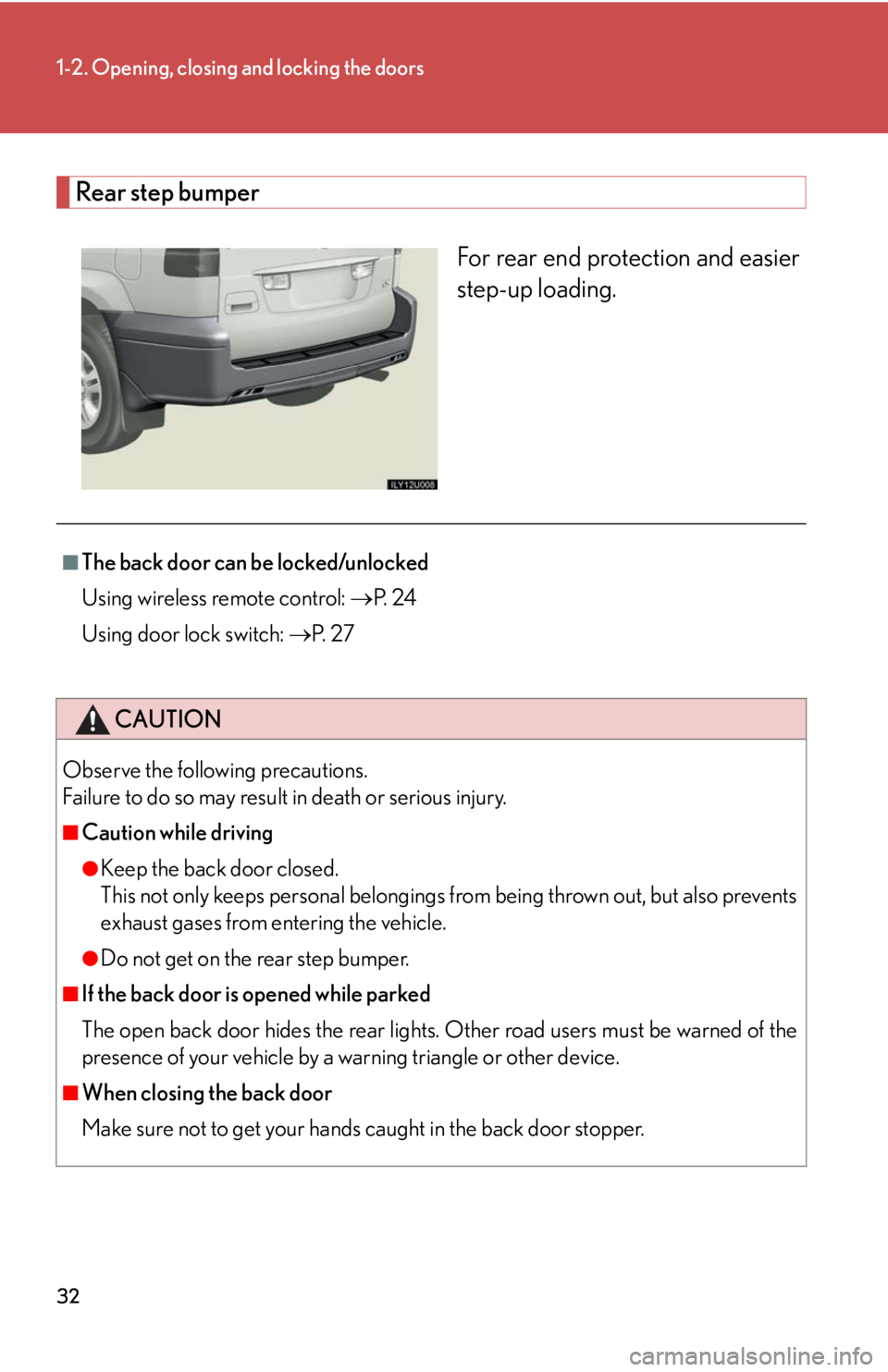 Lexus GX470 2008  Do-it-yourself maintenance / LEXUS 2008 GX470  (OM60D82U) Owners Guide 32
1-2. Opening, closing and locking the doors
Rear step bumperFor rear end protection and easier
step-up loading.
■The back door can be locked/unlocked
Using wireless remote control: P.  2 4
Usi