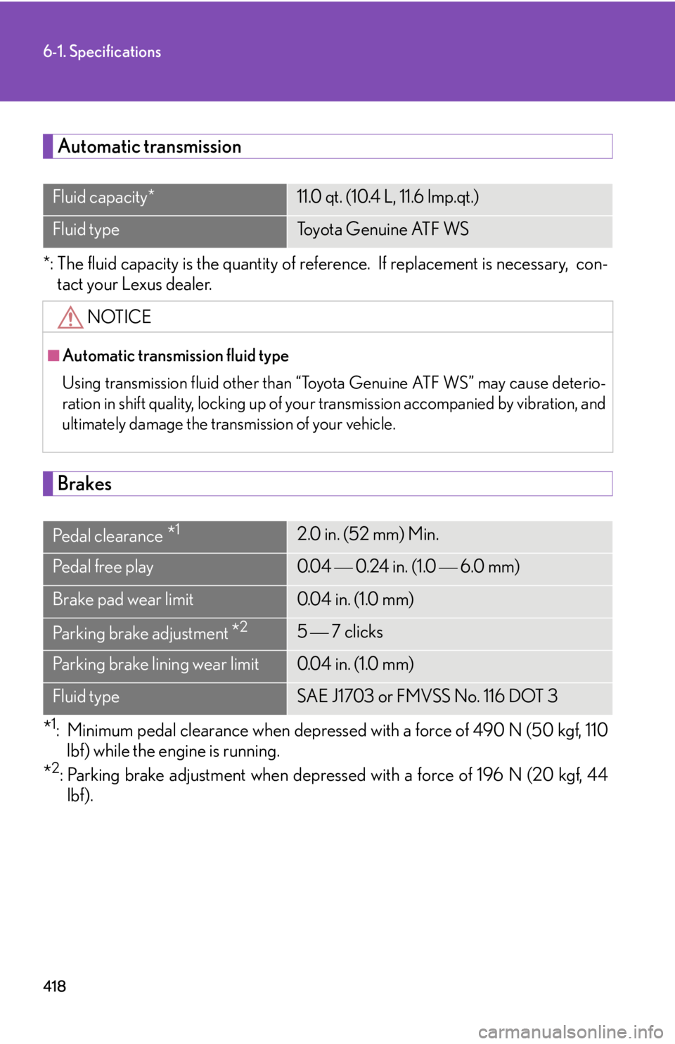 Lexus GX470 2008  Do-it-yourself maintenance / LEXUS 2008 GX470 OWNERS MANUAL (OM60D82U) 418
6-1. Specifications
Automatic transmission
*: The fluid capacity is the quantity of reference.  If replacement is necessary,  con-tact your Lexus dealer.
Brakes
*1: Minimum pedal clearance when de