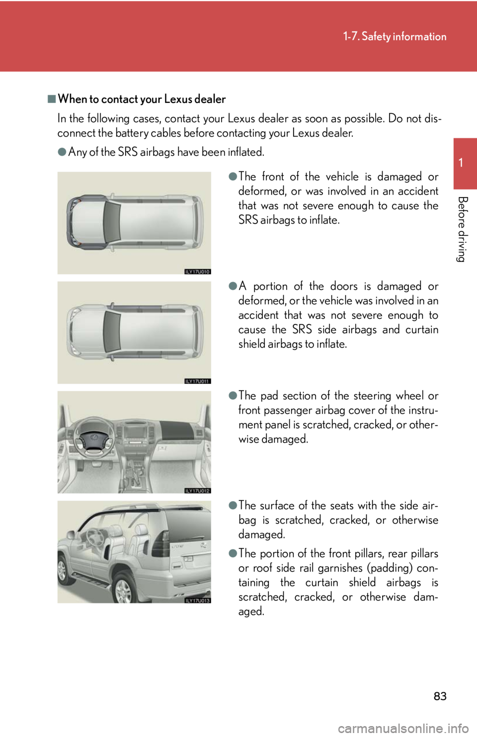 Lexus GX470 2008 Do-it-yourself maintenance / LEXUS 2008 GX470 (OM60D82U) Manual Online 83
1-7. Safety information
1
Before driving
■When to contact your Lexus dealer
In the following cases, contact your Lexus dealer as soon as possible. Do not dis-
connect the battery cables before co Lexus GX470 2008 Do-it-yourself maintenance / LEXUS 2008 GX470 (OM60D82U) Manual Online 83
1-7. Safety information
1
Before driving
■When to contact your Lexus dealer
In the following cases, contact your Lexus dealer as soon as possible. Do not dis-
connect the battery cables before co