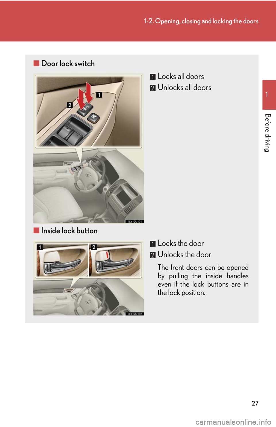 Lexus GX470 2008  Specifications / LEXUS 2008 GX470  (OM60D82U) Owners Guide 27
1-2. Opening, closing and locking the doors
1
Before driving
■Door lock switch
Locks all doors
Unlocks all doors
■ Inside lock button
Locks the door
Unlocks the door
The front doors can be open