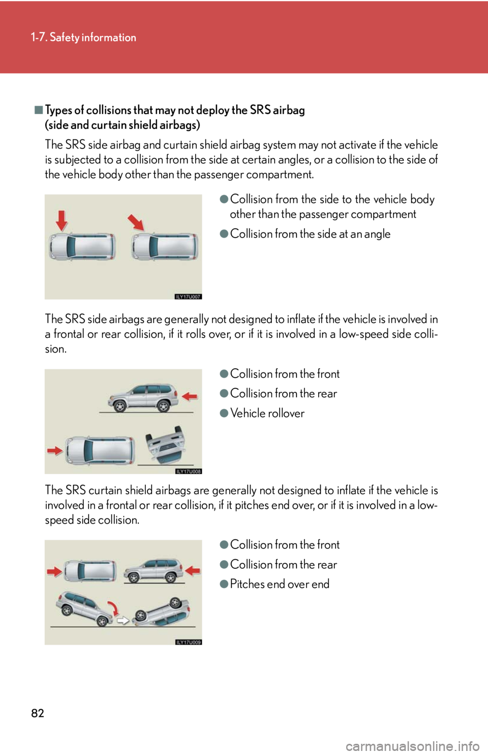 Lexus GX470 2008 Using other driving systems / LEXUS 2008 GX470 (OM60D82U) Manual Online 82
1-7. Safety information
■Types of collisions that may not deploy the SRS airbag
(side and curtain shield airbags)
The SRS side airbag and curtain shield airbag system may not activate if the veh Lexus GX470 2008 Using other driving systems / LEXUS 2008 GX470 (OM60D82U) Manual Online 82
1-7. Safety information
■Types of collisions that may not deploy the SRS airbag
(side and curtain shield airbags)
The SRS side airbag and curtain shield airbag system may not activate if the veh