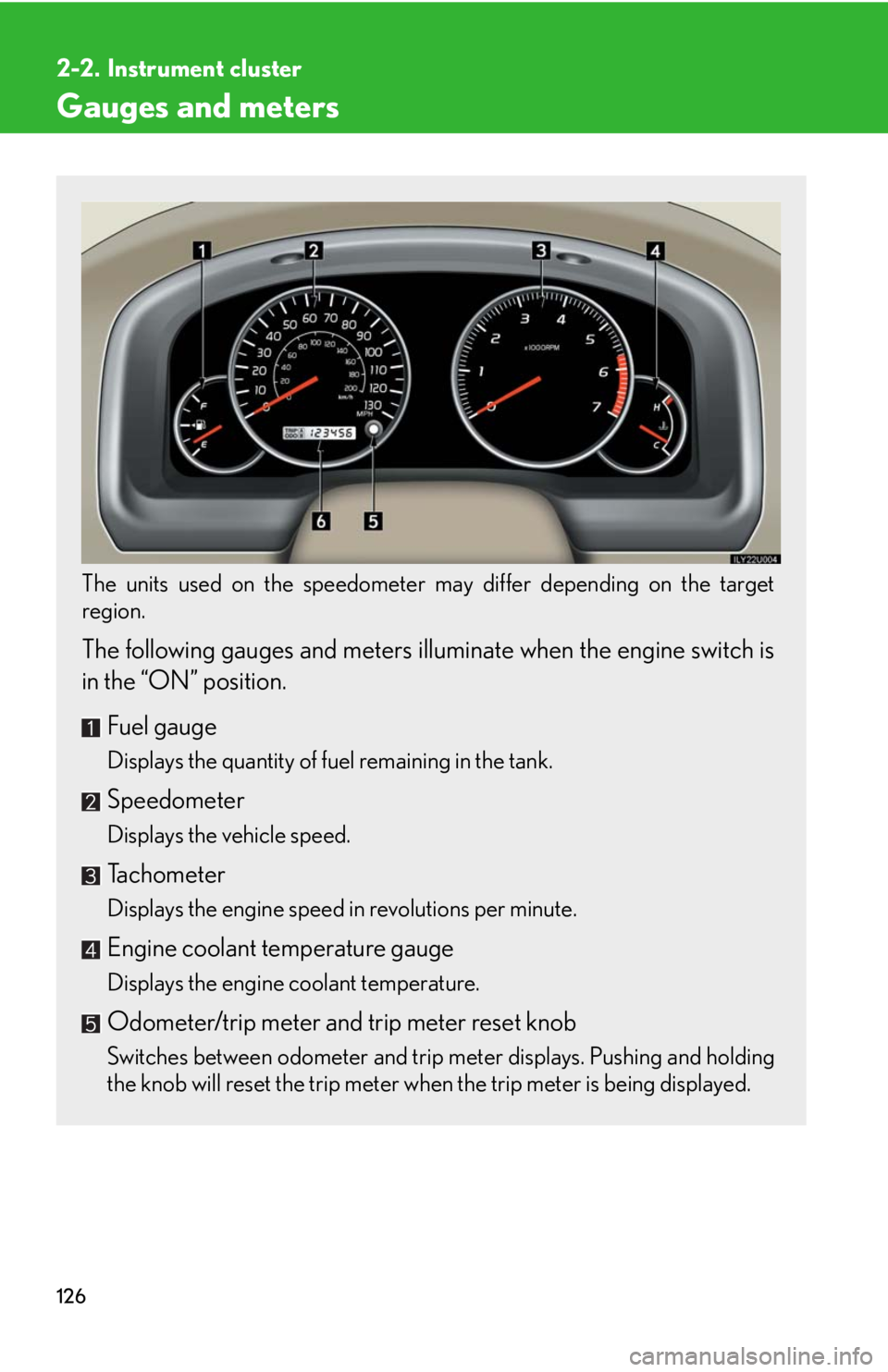Lexus GX470 2008 Pictoral index / LEXUS 2008 GX470 OWNERS MANUAL (OM60D82U) 126
2-2. Instrument cluster
Gauges and meters
The units used on the speedometer may differ depending on the target
region.
The following gauges and meters illuminate when the engine switch is
in the Lexus GX470 2008 Pictoral index / LEXUS 2008 GX470 OWNERS MANUAL (OM60D82U) 126
2-2. Instrument cluster
Gauges and meters
The units used on the speedometer may differ depending on the target
region.
The following gauges and meters illuminate when the engine switch is
in the