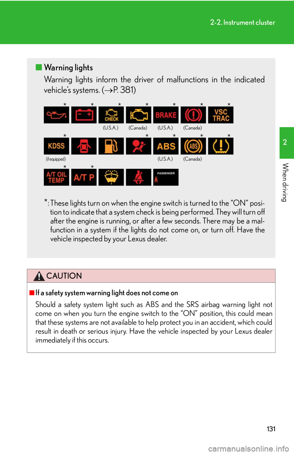 Lexus GX470 2008 Pictoral index / LEXUS 2008 GX470 OWNERS MANUAL (OM60D82U) 131
2-2. Instrument cluster
2
When driving
CAUTION
■If a safety system warning light does not come on
Should a safety system light such as ABS and the SRS airbag warning light not
come on when you Lexus GX470 2008 Pictoral index / LEXUS 2008 GX470 OWNERS MANUAL (OM60D82U) 131
2-2. Instrument cluster
2
When driving
CAUTION
■If a safety system warning light does not come on
Should a safety system light such as ABS and the SRS airbag warning light not
come on when you