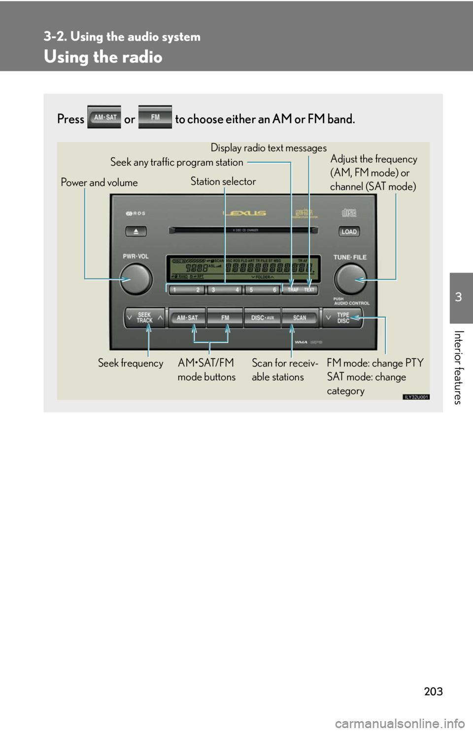 Lexus GX470 2008 Pictoral index / LEXUS 2008 GX470 (OM60D82U) User Guide 203
3-2. Using the audio system
3
Interior features
Using the radio
Press or to choose either an AM or FM band.
Power and volumeSeek frequency FM mode: change PTY SAT mode: change
category
AM•S Lexus GX470 2008 Pictoral index / LEXUS 2008 GX470 (OM60D82U) User Guide 203
3-2. Using the audio system
3
Interior features
Using the radio
Press or to choose either an AM or FM band.
Power and volumeSeek frequency FM mode: change PTY SAT mode: change
category
AM•S