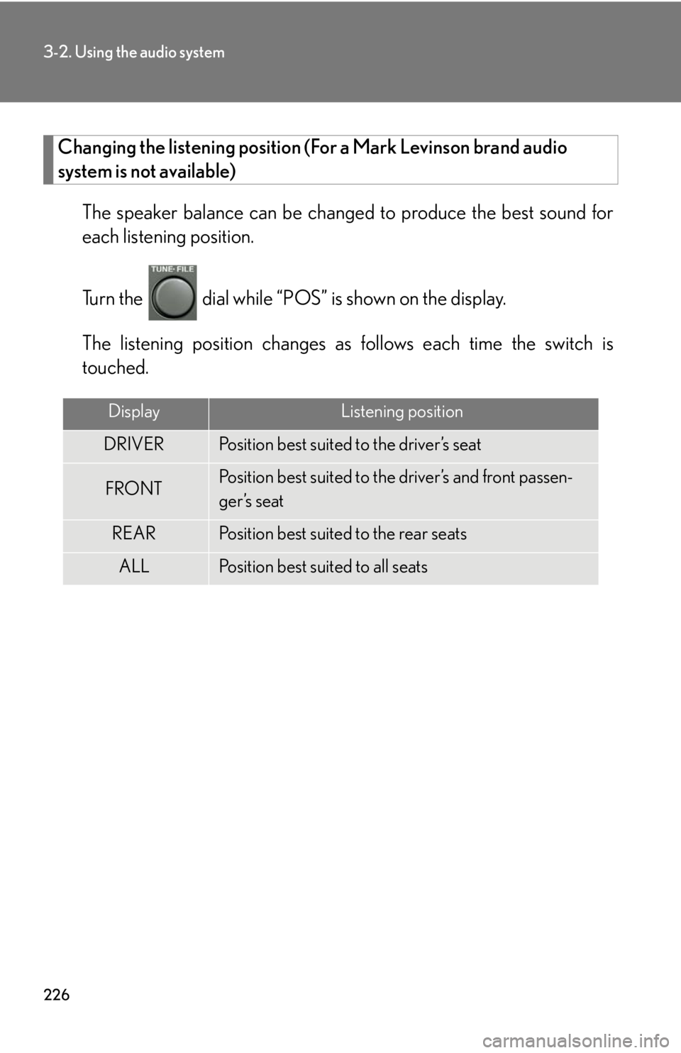 Lexus GX470 2008  Pictoral index / LEXUS 2008 GX470  (OM60D82U) Owners Guide 226
3-2. Using the audio system
Changing the listening position (For a Mark Levinson brand audio 
system is not available)
The speaker balance can be change d to produce the best sound for
each listen