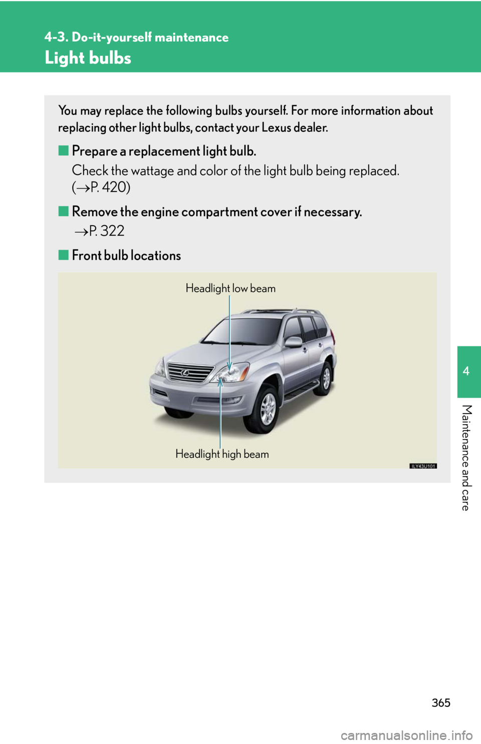 Lexus GX470 2008 Pictoral index / LEXUS 2008 GX470 OWNERS MANUAL (OM60D82U) 365
4-3. Do-it-yourself maintenance
4
Maintenance and care
Light bulbs
You may replace the following bulbs yourself. For more information about
replacing other light bulbs, contact your Lexus dealer.
Lexus GX470 2008 Pictoral index / LEXUS 2008 GX470 OWNERS MANUAL (OM60D82U) 365
4-3. Do-it-yourself maintenance
4
Maintenance and care
Light bulbs
You may replace the following bulbs yourself. For more information about
replacing other light bulbs, contact your Lexus dealer.