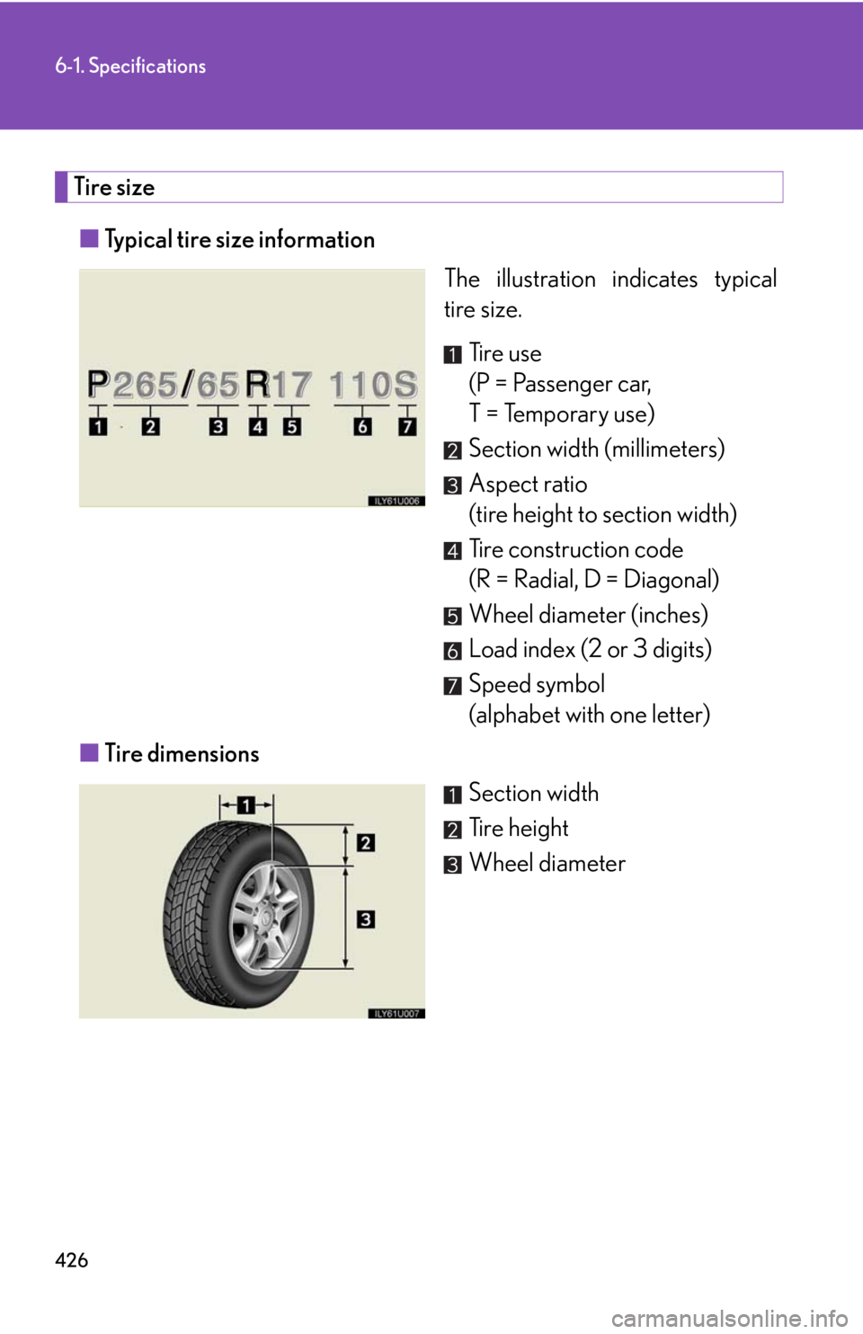 Lexus GX470 2008 Pictoral index / LEXUS 2008 GX470 OWNERS MANUAL (OM60D82U) 426
6-1. Specifications
Tire size■ Typical tire size information
The illustration indicates typical
tire size.
Ti r e u s e
(P = Passenger car,
T = Temporary use)
Section width (millimeters)
Aspec Lexus GX470 2008 Pictoral index / LEXUS 2008 GX470 OWNERS MANUAL (OM60D82U) 426
6-1. Specifications
Tire size■ Typical tire size information
The illustration indicates typical
tire size.
Ti r e u s e
(P = Passenger car,
T = Temporary use)
Section width (millimeters)
Aspec