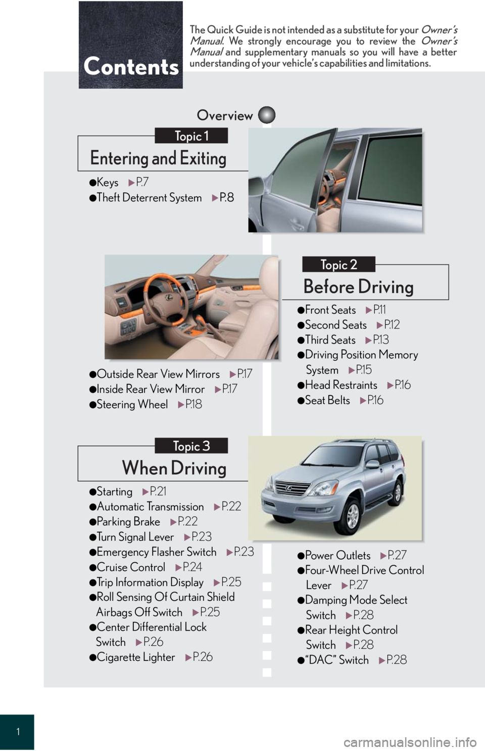 Lexus GX470 2008 Driving Comfort / LEXUS 2008 GX470 QUICK GUIDE OWNERS MANUAL (OM60D81U) 1
When Driving
Topic 3
Overview
Contents
Entering and Exiting
Topic 1
Before Driving
Topic 2
●StartingP. 2 1
●Automatic Transmission P. 2 2
●Parking BrakeP. 2 2
●Tu r n S i g n a l L e v e r Lexus GX470 2008 Driving Comfort / LEXUS 2008 GX470 QUICK GUIDE OWNERS MANUAL (OM60D81U) 1
When Driving
Topic 3
Overview
Contents
Entering and Exiting
Topic 1
Before Driving
Topic 2
●StartingP. 2 1
●Automatic Transmission P. 2 2
●Parking BrakeP. 2 2
●Tu r n S i g n a l L e v e r