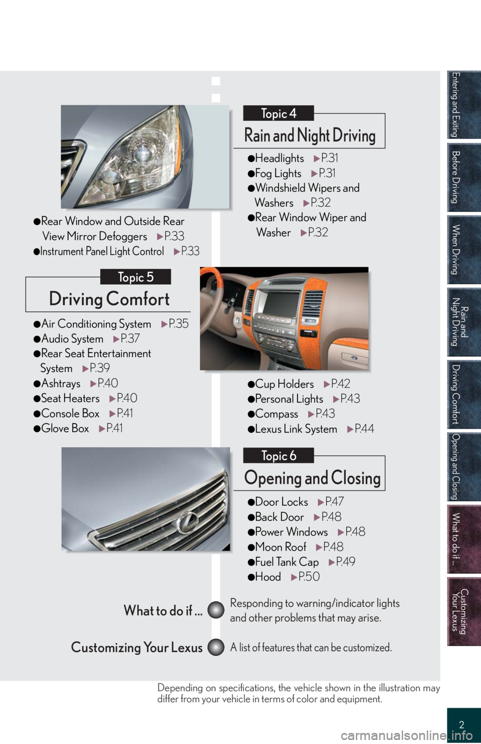 Lexus GX470 2008 Driving Comfort / LEXUS 2008 GX470 QUICK GUIDE OWNERS MANUAL (OM60D81U) Entering and Exiting
Before Driving
When Driving
Rain and
Night Driving
Driving Comfort
Opening and Closing
What to do if ...
Customizing
Yo u r L e x u s
2
Driving Comfort
Topic 5
Opening and Closi Lexus GX470 2008 Driving Comfort / LEXUS 2008 GX470 QUICK GUIDE OWNERS MANUAL (OM60D81U) Entering and Exiting
Before Driving
When Driving
Rain and
Night Driving
Driving Comfort
Opening and Closing
What to do if ...
Customizing
Yo u r L e x u s
2
Driving Comfort
Topic 5
Opening and Closi
