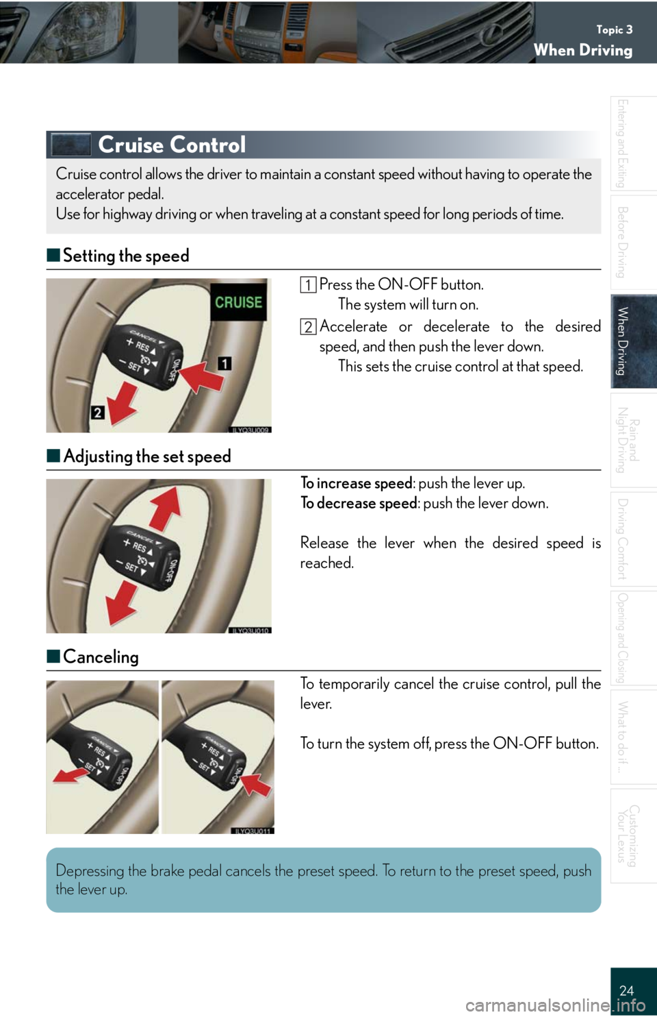 Lexus GX470 2008 Driving Comfort / LEXUS 2008 GX470 QUICK GUIDE (OM60D81U) Owners Guide Topic 3
When Driving
24
Entering and Exiting
Before DrivingBefore Driving
When DrivingWhen Driving
Rain and
Night Driving
Driving Comfort
Opening and Closing
What to do if ...
Customizing
Yo u r L e Lexus GX470 2008 Driving Comfort / LEXUS 2008 GX470 QUICK GUIDE (OM60D81U) Owners Guide Topic 3
When Driving
24
Entering and Exiting
Before DrivingBefore Driving
When DrivingWhen Driving
Rain and
Night Driving
Driving Comfort
Opening and Closing
What to do if ...
Customizing
Yo u r L e