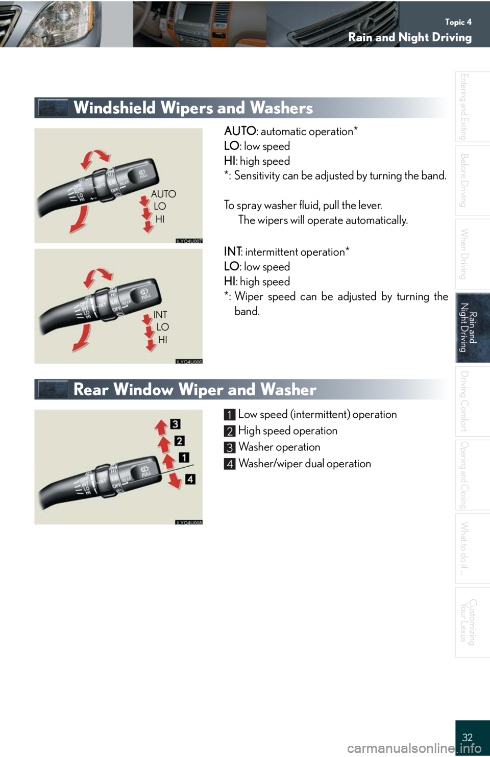 Lexus GX470 2008  Driving Comfort / LEXUS 2008 GX470 QUICK GUIDE  (OM60D81U) Owners Guide Topic 4
Rain and Night Driving
32
Entering and Exiting
Before DrivingBefore Driving
When Driving
Rain and 
Night DrivingRain and 
Night Driving
Driving Comfort
Opening and Closing
What to do if ...
Cu