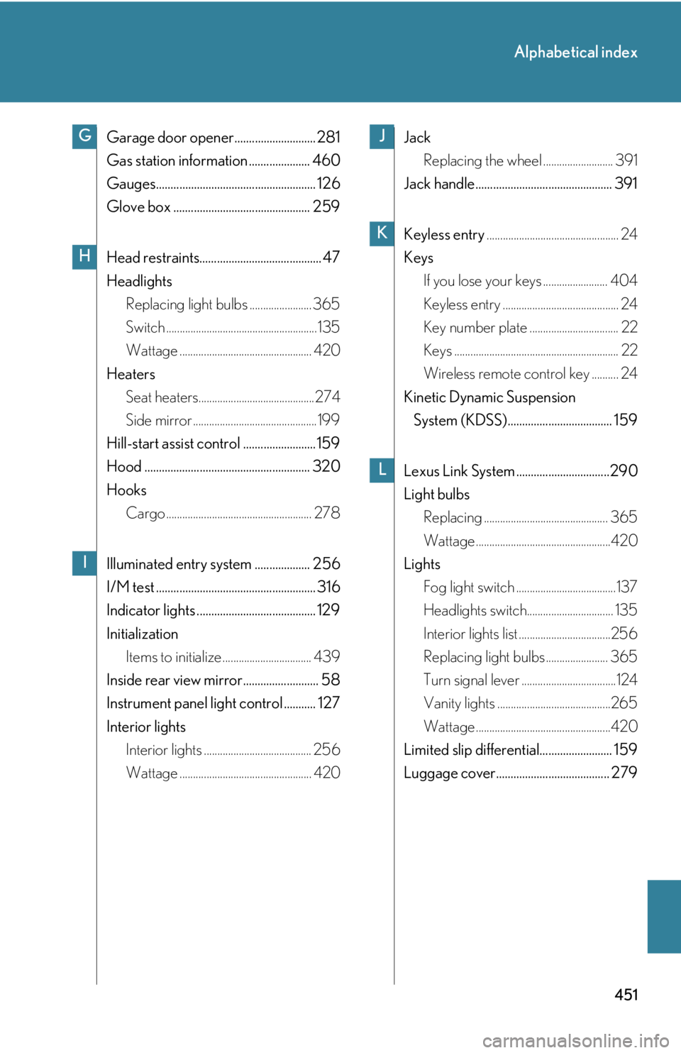 Lexus GX470 2008  Driving Comfort / LEXUS 2008 GX470 OWNERS MANUAL (OM60D82U) 451
Alphabetical index
Garage door opener............................ 281
Gas station information ..................... 460
Gauges....................................................... 126
Glove box 
