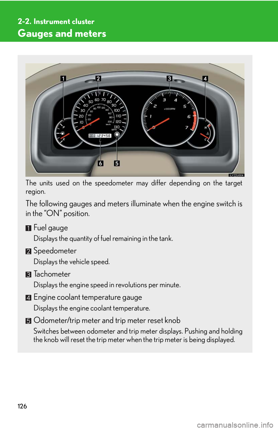 Lexus GX470 2008  Opening, closing and locking the doors / LEXUS 2008 GX470 OWNERS MANUAL (OM60D82U) 126
2-2. Instrument cluster
Gauges and meters
The units used on the speedometer may differ depending on the target
region.
 
The following gauges and meters illuminate when the engine switch is
in the