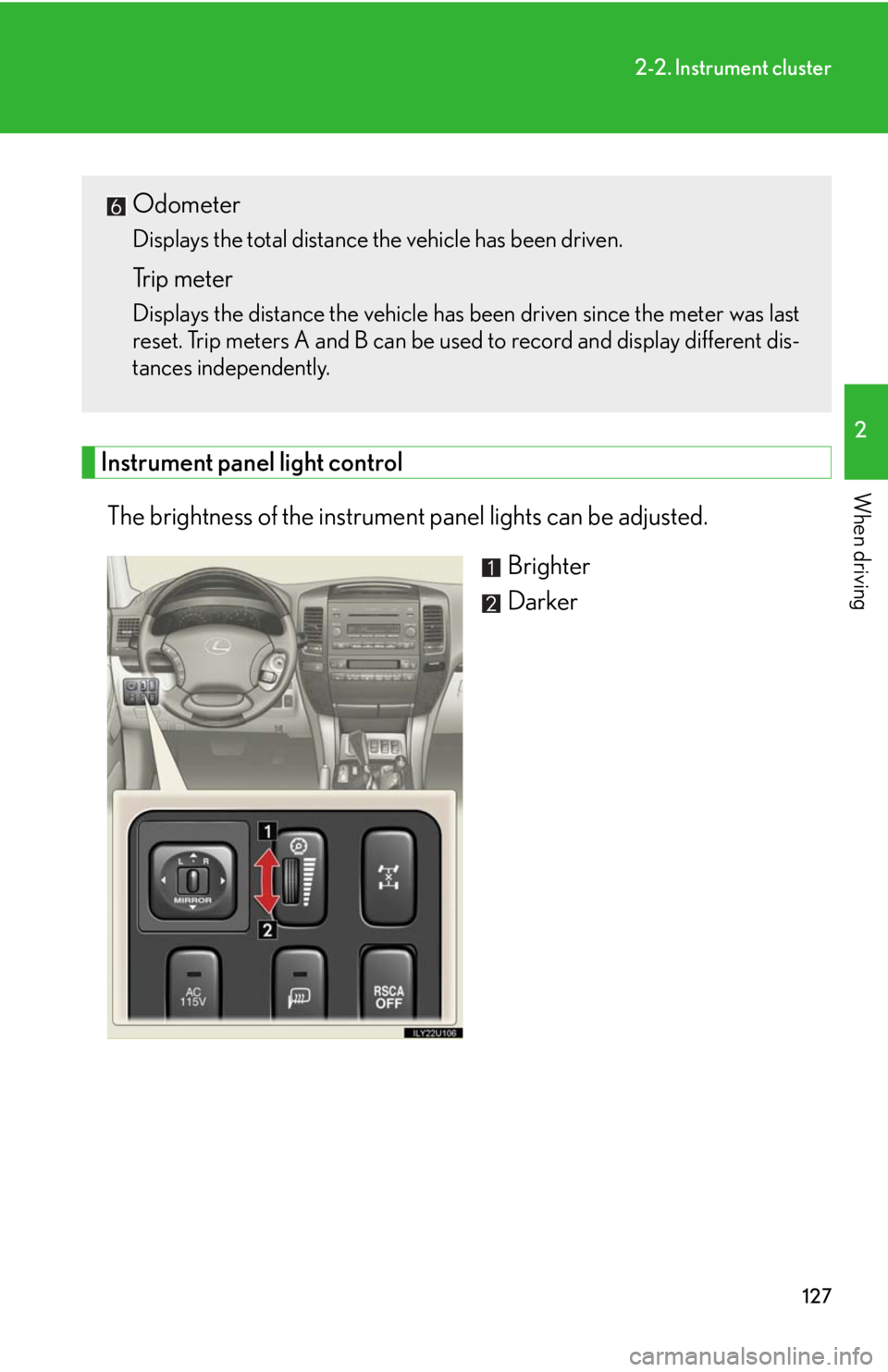 Lexus GX470 2008 Opening, closing and locking the doors / LEXUS 2008 GX470 OWNERS MANUAL (OM60D82U) 127
2-2. Instrument cluster
2
When drivingInstrument panel light controlThe brightness of the instrument panel lights can be adjusted. Brighter
Darker
Odometer
Displays the total distance the vehicle Lexus GX470 2008 Opening, closing and locking the doors / LEXUS 2008 GX470 OWNERS MANUAL (OM60D82U) 127
2-2. Instrument cluster
2
When drivingInstrument panel light controlThe brightness of the instrument panel lights can be adjusted. Brighter
Darker
Odometer
Displays the total distance the vehicle