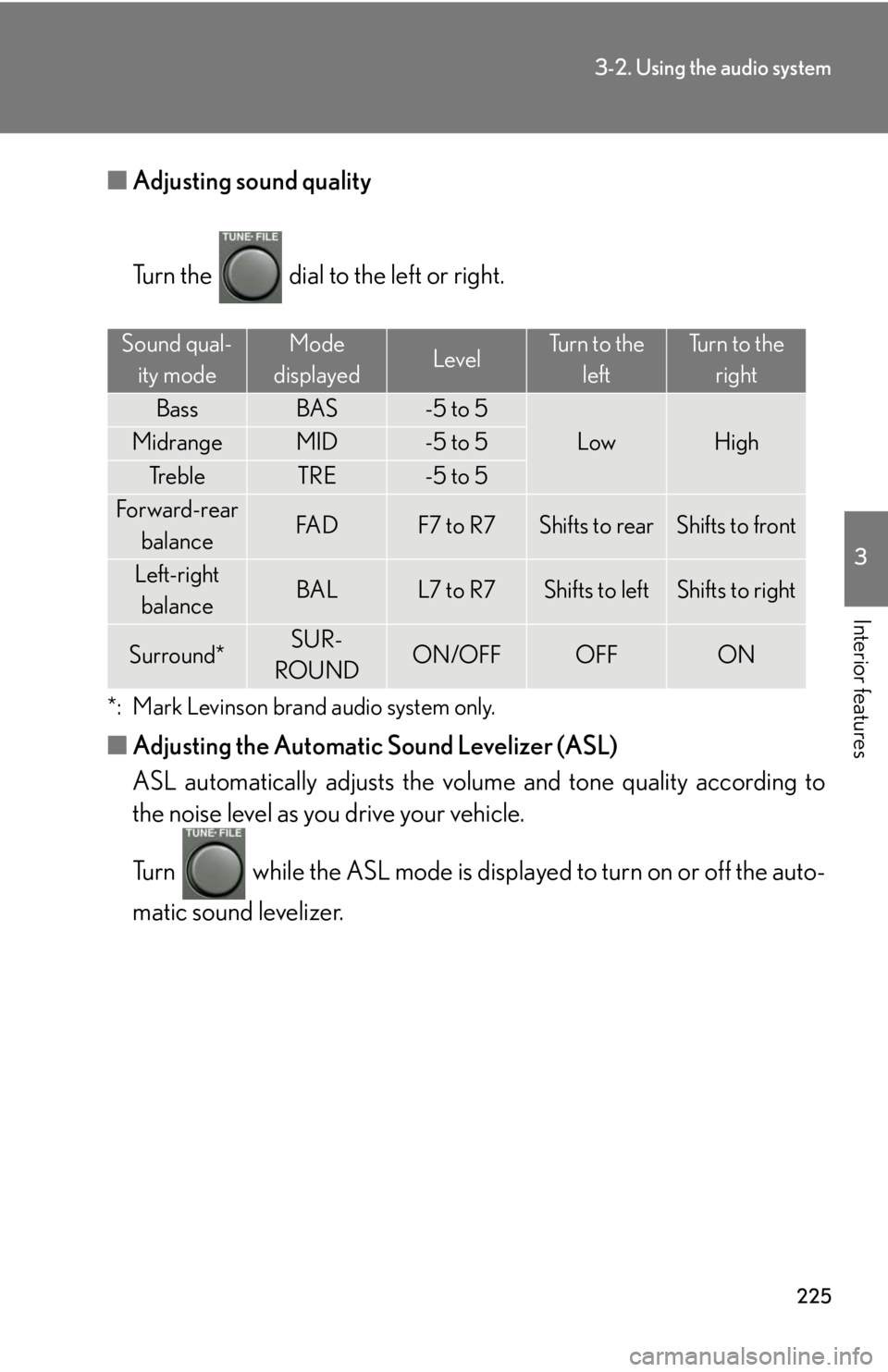Lexus GX470 2008  Opening, closing and locking the doors / LEXUS 2008 GX470 OWNERS MANUAL (OM60D82U) 225
3-2. Using the audio system
3
Interior features
■Adjusting sound quality
Turn the   dial to the left or right.
*: Mark Levinson brand audio system only.
■Adjusting the Automatic Sound Levelize