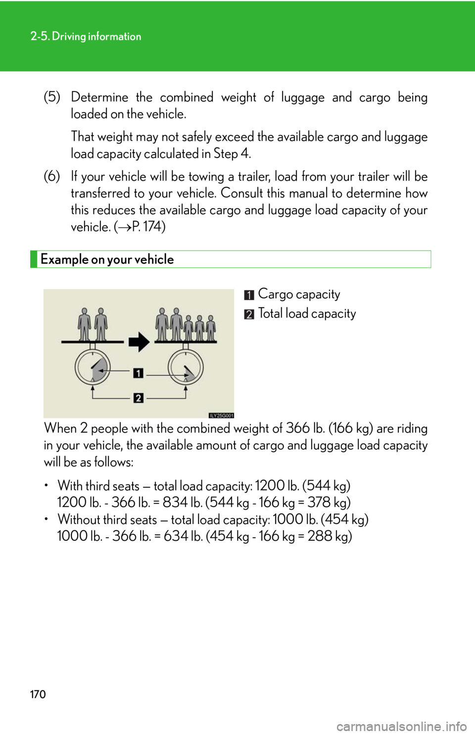 Lexus GX470 2008 Refueling / LEXUS 2008 GX470 OWNERS MANUAL (OM60D82U) 170
2-5. Driving information
(5) Determine the combined weight of luggage and cargo being
loaded on the vehicle.
That weight may not safely exc eed the available cargo and luggage
load capacity calcu Lexus GX470 2008 Refueling / LEXUS 2008 GX470 OWNERS MANUAL (OM60D82U) 170
2-5. Driving information
(5) Determine the combined weight of luggage and cargo being
loaded on the vehicle.
That weight may not safely exc eed the available cargo and luggage
load capacity calcu