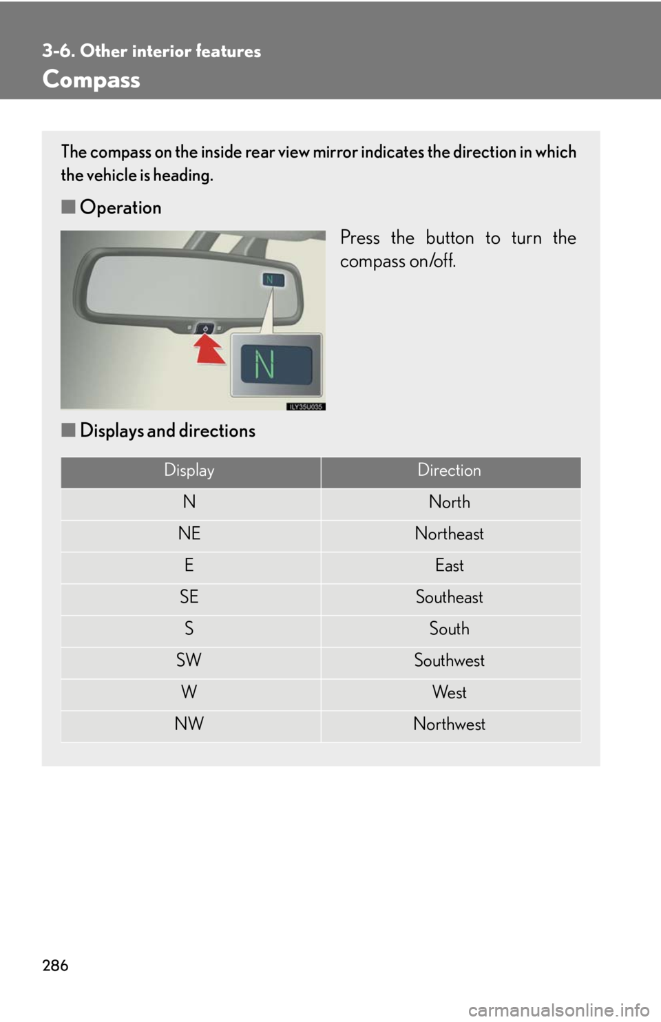 Lexus GX470 2008  Refueling / LEXUS 2008 GX470 OWNERS MANUAL (OM60D82U) 286
3-6. Other interior features
Compass
The compass on the inside rear view mirror indicates the direction in which
the vehicle is heading.
■ Operation
Press the button to turn the
compass on/off.
