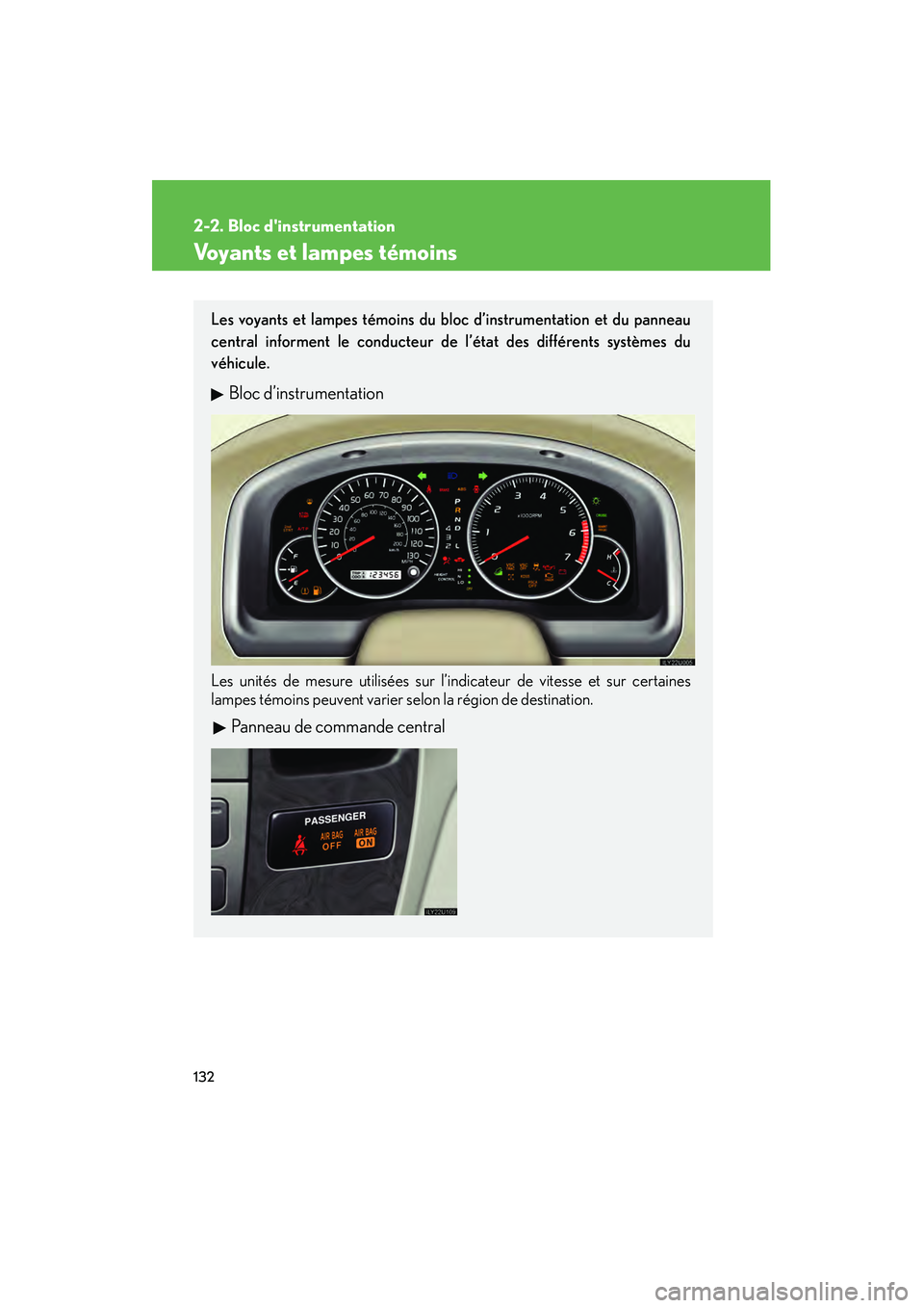 Lexus GX470 2008 Manuel du propriétaire (in French) 132
2-2. Bloc dinstrumentation
Voyants et lampes témoins
Les voyants et lampes témoins du bloc d’instrumentation et du panneau
central informent le conducteur de l’état des différents systèm Lexus GX470 2008 Manuel du propriétaire (in French) 132
2-2. Bloc dinstrumentation
Voyants et lampes témoins
Les voyants et lampes témoins du bloc d’instrumentation et du panneau
central informent le conducteur de l’état des différents systèm