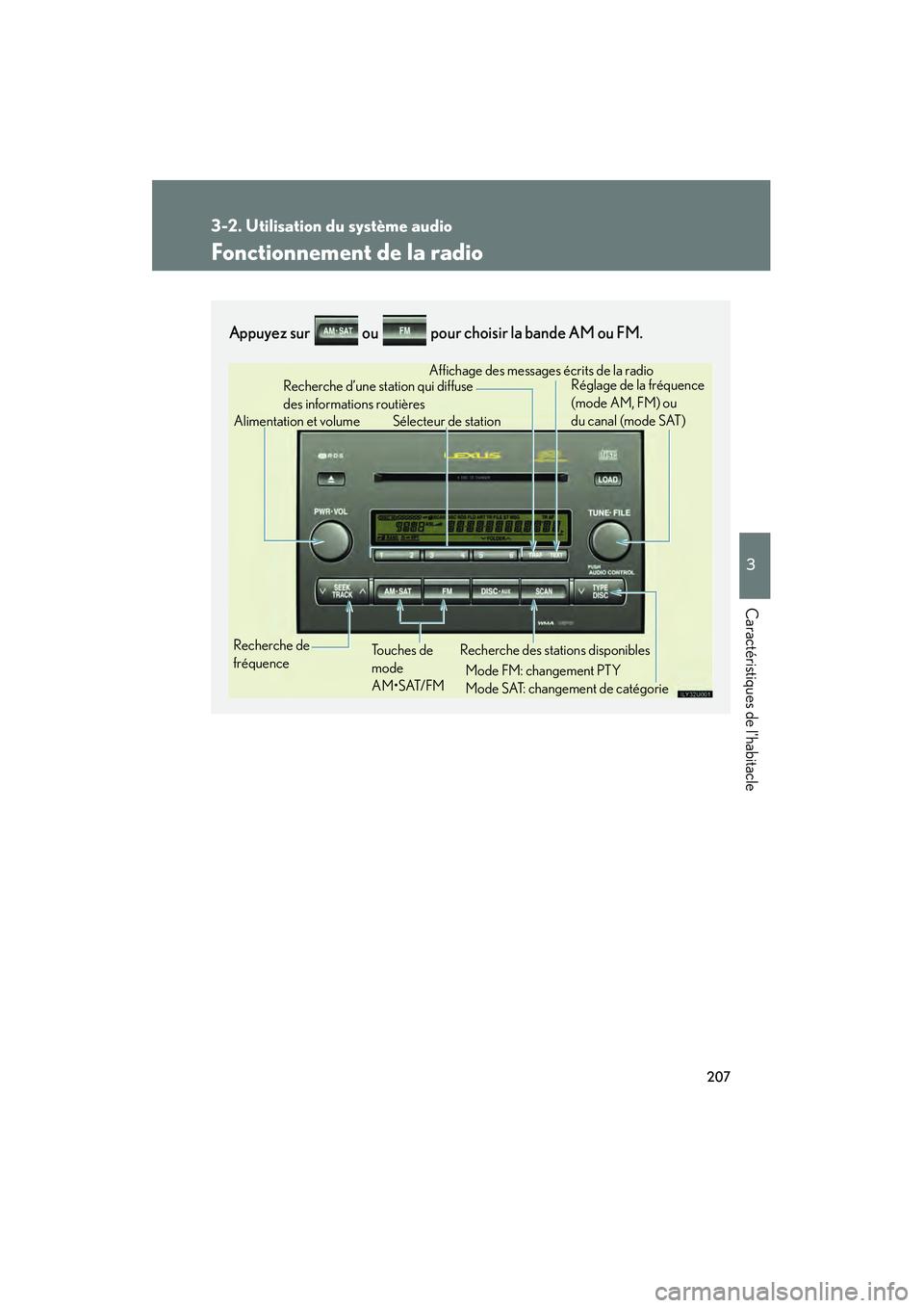 Lexus GX470 2008 Manuel du propriétaire (in French) 207
3-2. Utilisation du système audio
3
Caractéristiques de lhabitacle
Fonctionnement de la radio
Appuyez sur ou pour choisir la bande AM ou FM.
Alimentation et volume
Recherche de
fréquence Lexus GX470 2008 Manuel du propriétaire (in French) 207
3-2. Utilisation du système audio
3
Caractéristiques de lhabitacle
Fonctionnement de la radio
Appuyez sur ou pour choisir la bande AM ou FM.
Alimentation et volume
Recherche de
fréquence