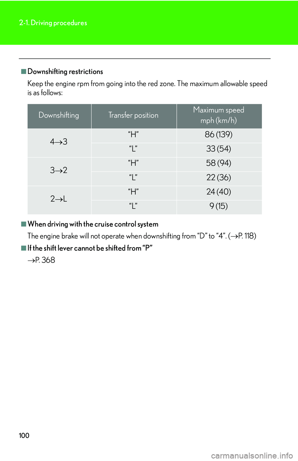 Lexus GX470 2007 Audio/Video System / LEXUS 2007 GX470 (OM60C64U) User Guide 100
2-1. Driving procedures
■Downshifting restrictions
Keep the engine rpm from going into the red zone. The maximum allowable speed
is as follows:
■When driving with the cruise control system
Th Lexus GX470 2007 Audio/Video System / LEXUS 2007 GX470 (OM60C64U) User Guide 100
2-1. Driving procedures
■Downshifting restrictions
Keep the engine rpm from going into the red zone. The maximum allowable speed
is as follows:
■When driving with the cruise control system
Th