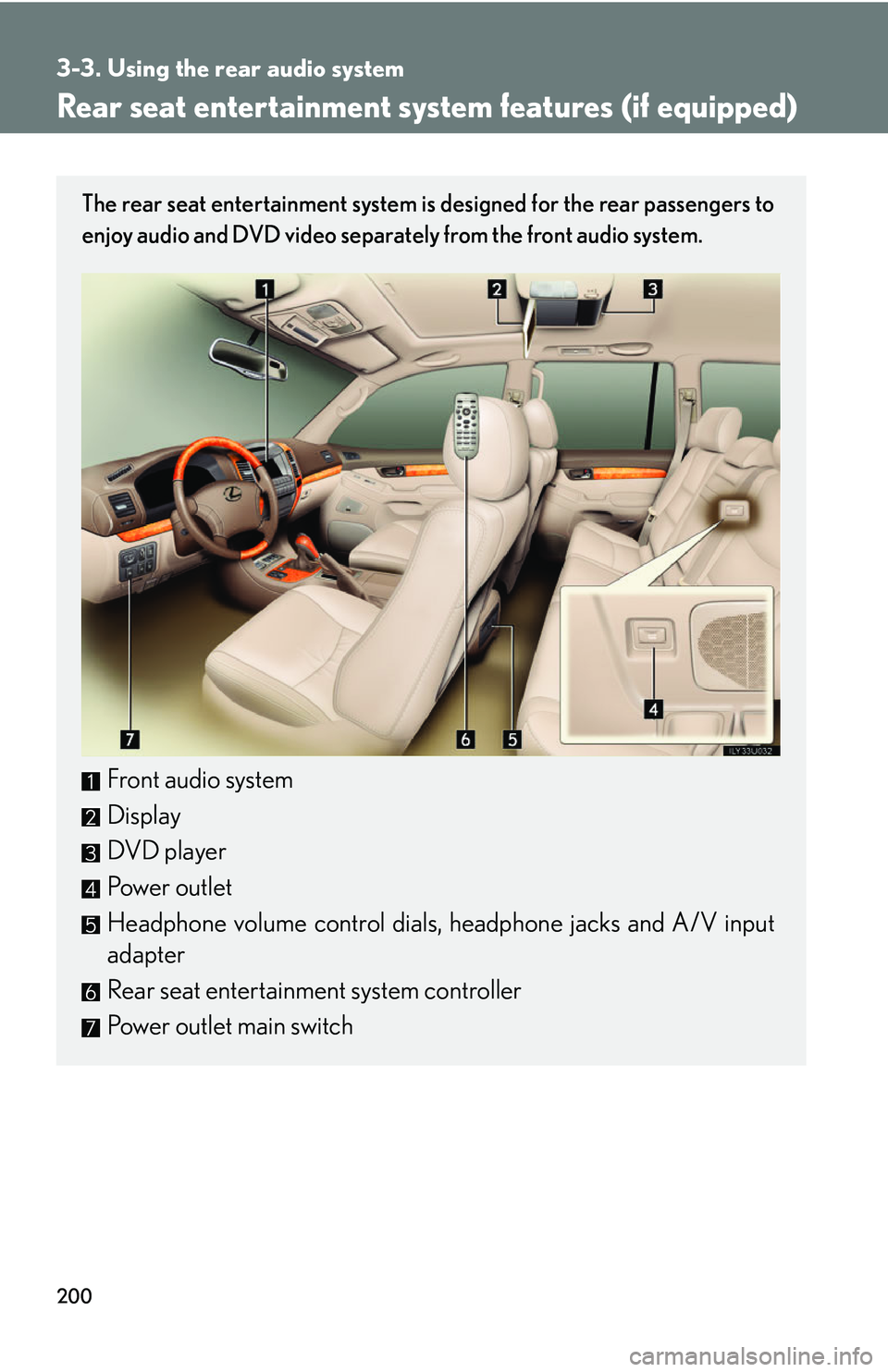 Lexus GX470 2007 Do-it-yourself maintenance / LEXUS 2007 GX470 (OM60C64U) Owners Guide 200
3-3. Using the rear audio system
Rear seat entertainment system features (if equipped)
The rear seat entertainment system is designed for the rear passengers to
enjoy audio and DVD video separatel Lexus GX470 2007 Do-it-yourself maintenance / LEXUS 2007 GX470 (OM60C64U) Owners Guide 200
3-3. Using the rear audio system
Rear seat entertainment system features (if equipped)
The rear seat entertainment system is designed for the rear passengers to
enjoy audio and DVD video separatel