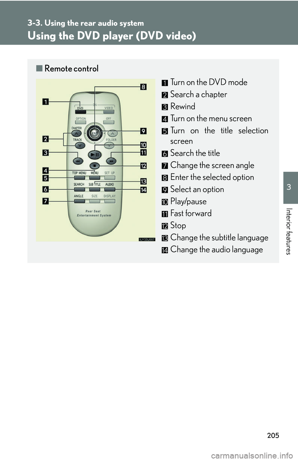 Lexus GX470 2007 Using other driving systems / 205
3-3. Using the rear audio system
3
Interior features
Using the DVD player (DVD video)
■Remote control
Turn on the DVD mode
Search a chapter
Rewind
Turn on the menu screen
Turn on the title sele Lexus GX470 2007 Using other driving systems / 205
3-3. Using the rear audio system
3
Interior features
Using the DVD player (DVD video)
■Remote control
Turn on the DVD mode
Search a chapter
Rewind
Turn on the menu screen
Turn on the title sele