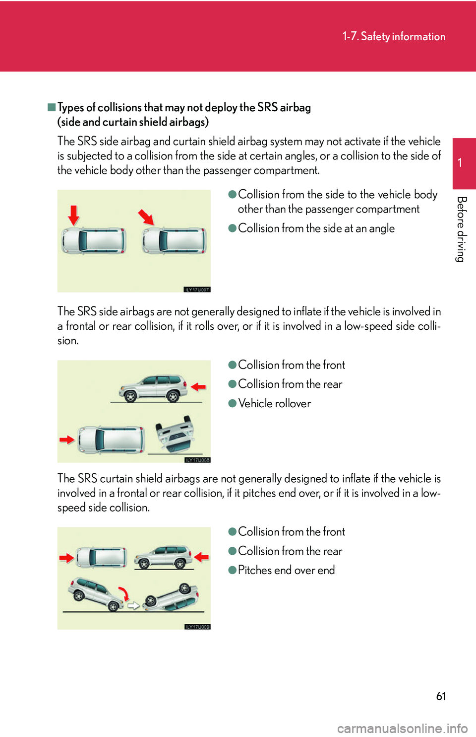 Lexus GX470 2007 Using other driving systems / 61
1-7. Safety information
1
Before driving
■Types of collisions that may not deploy the SRS airbag
(side and curtain shield airbags)
The SRS side airbag and curtain shield airbag system may not ac Lexus GX470 2007 Using other driving systems / 61
1-7. Safety information
1
Before driving
■Types of collisions that may not deploy the SRS airbag
(side and curtain shield airbags)
The SRS side airbag and curtain shield airbag system may not ac
